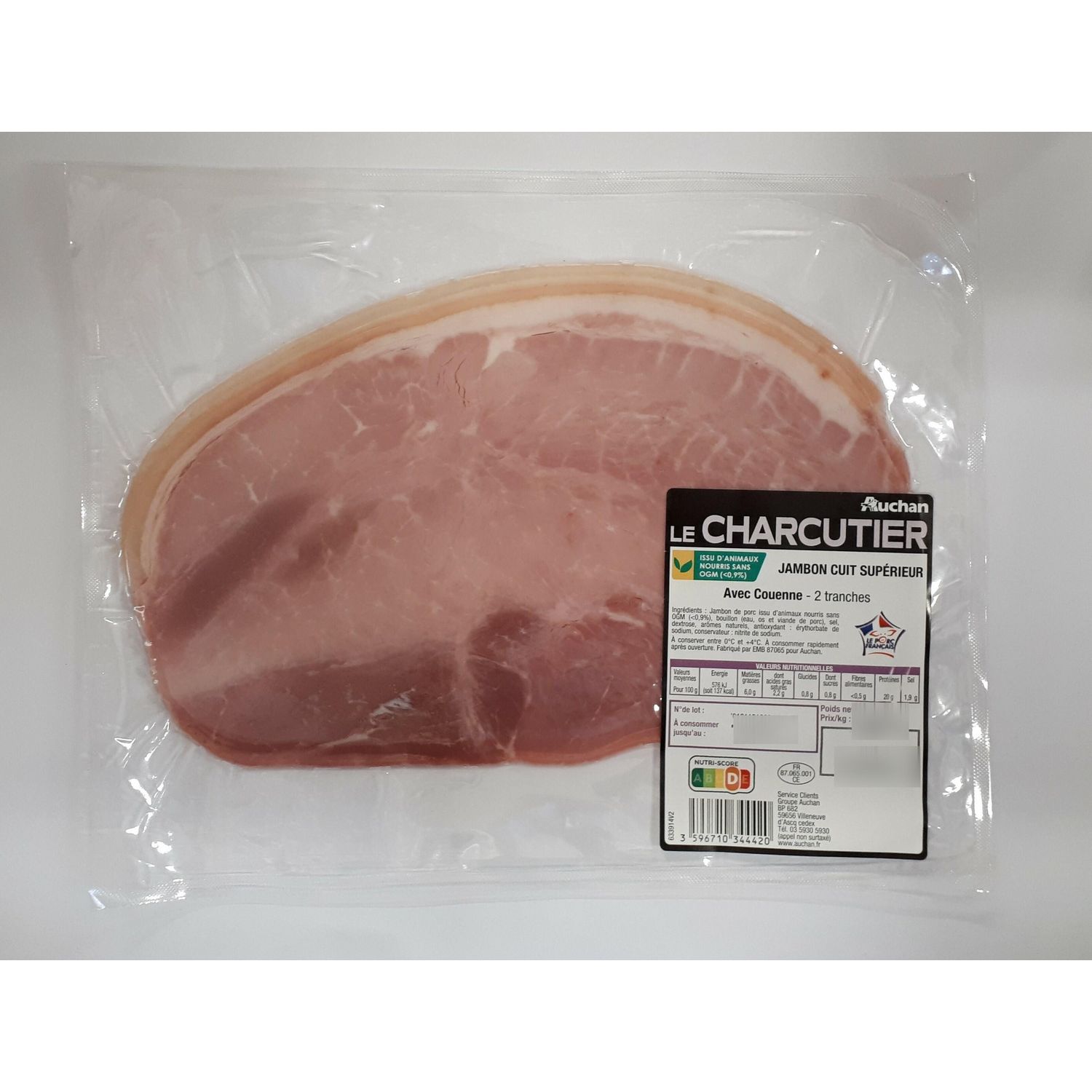 AUCHAN Jambon supérieur sans couenne 2 x 5 tranches + boite