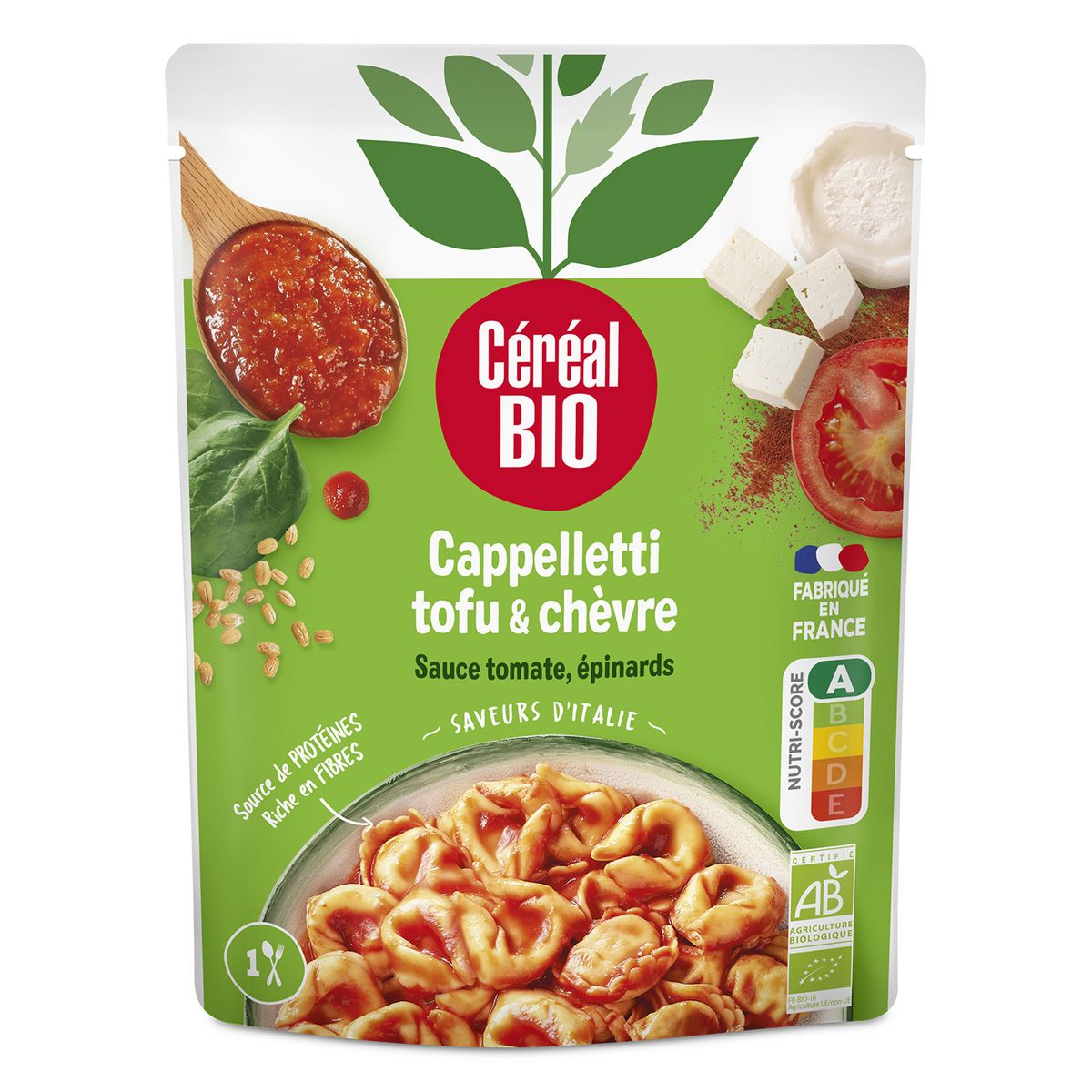 CÉRÉAL BIO Cappelletti tofu épinards chèvre sauce tomate sachet express 1 personne 220g