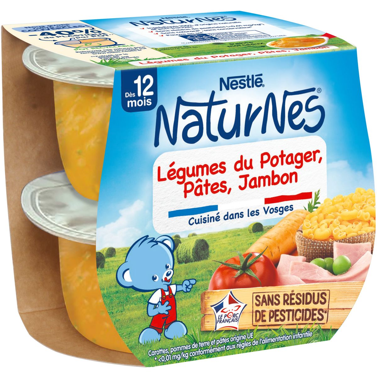 NESTLE Naturnes petit pot bébé dès 12 mois carotte pâte jambon 2x200g 400g