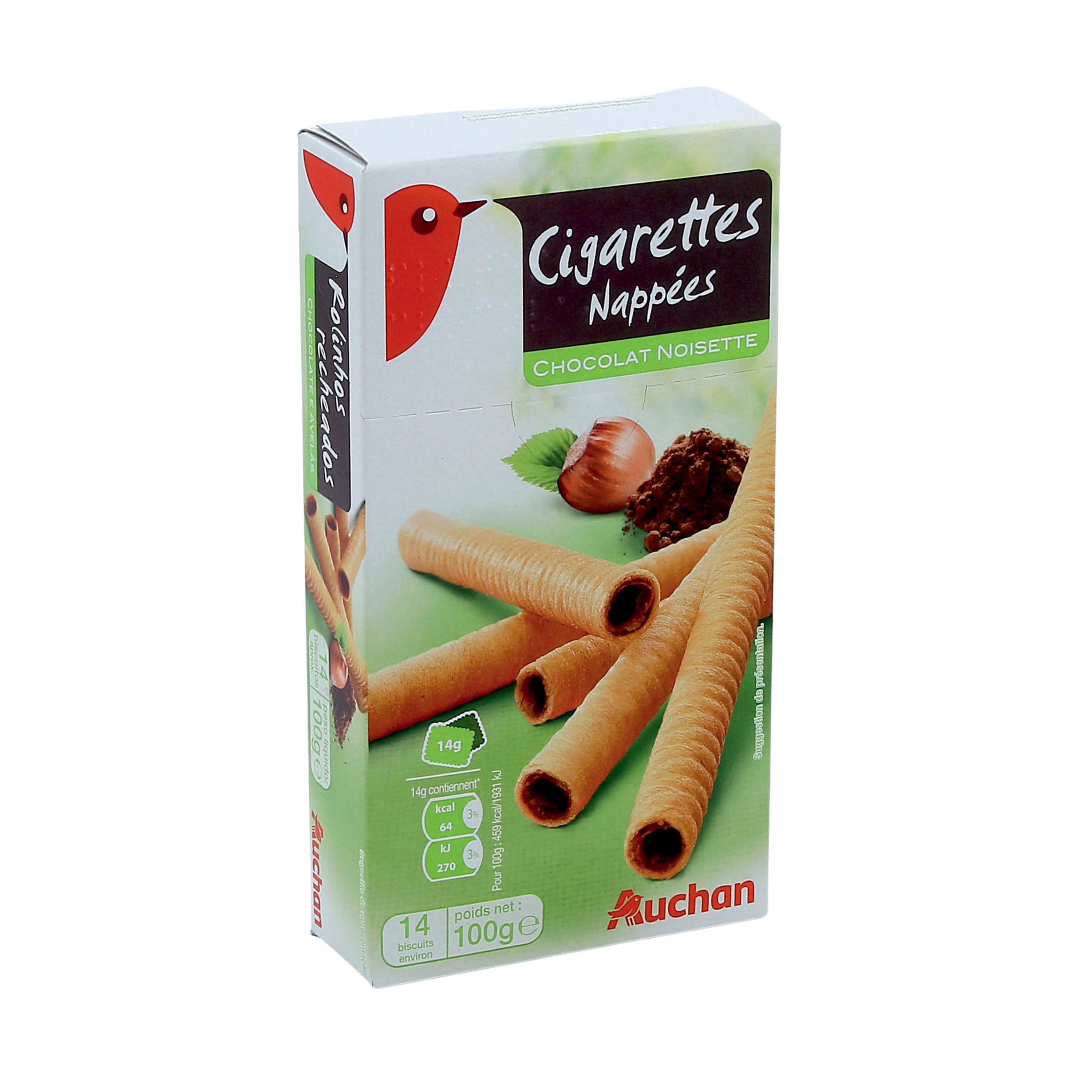 AUCHAN Cigarettes nappées chocolat noisettes 14 biscuits 100g pas cher 