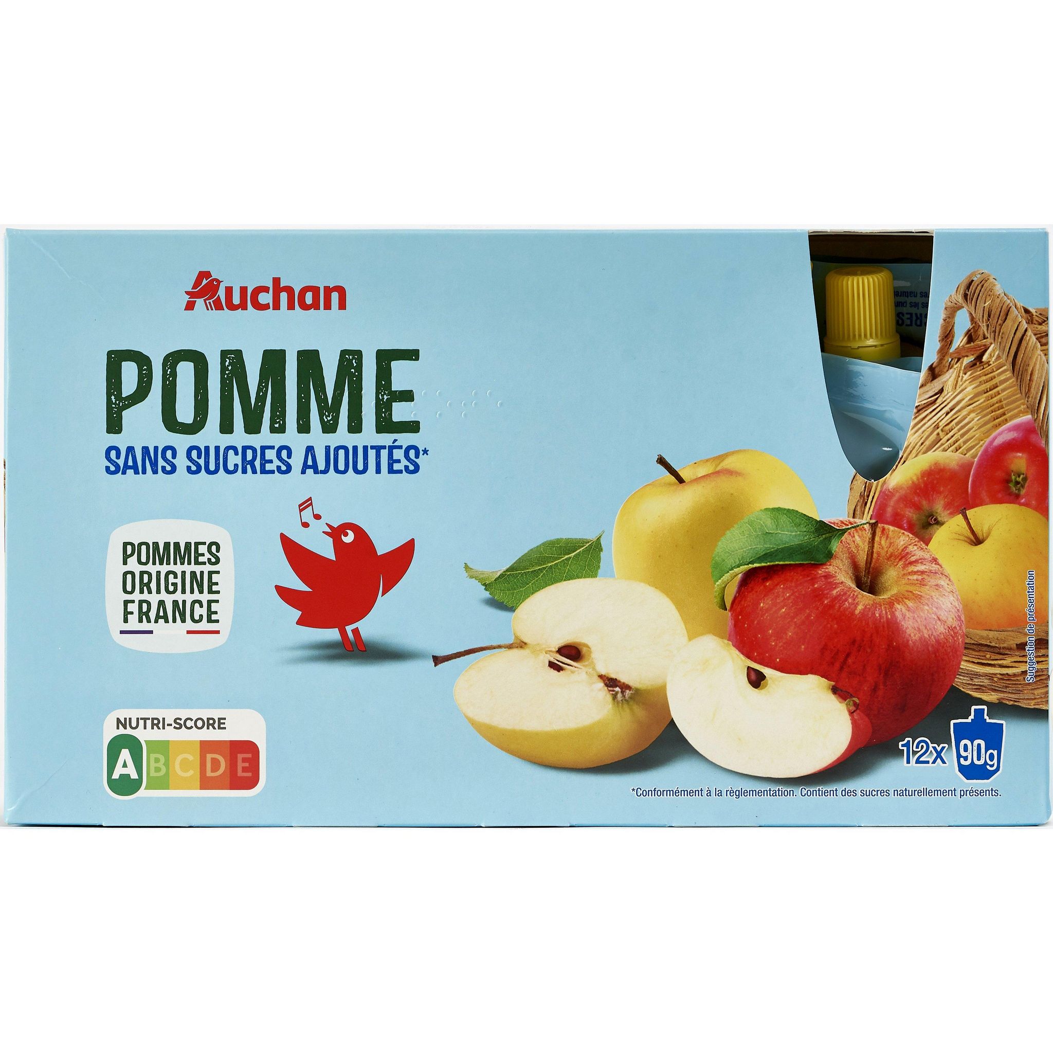 AUCHAN Gourdes pomme nature sans sucres ajoutés 12x90g pas cher 