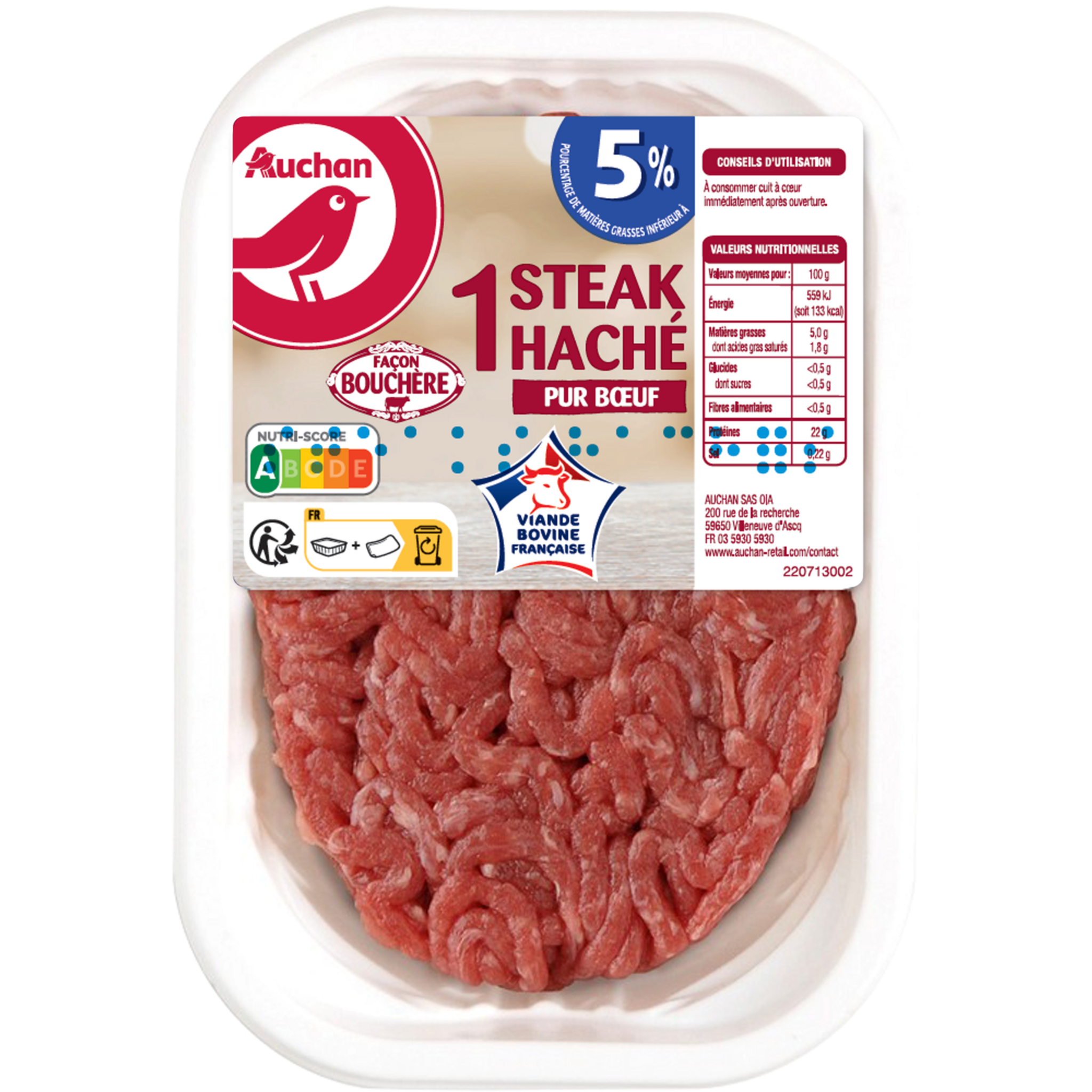 AUCHAN Haché vrac Pur Bœuf 5%mg 500g pas cher 