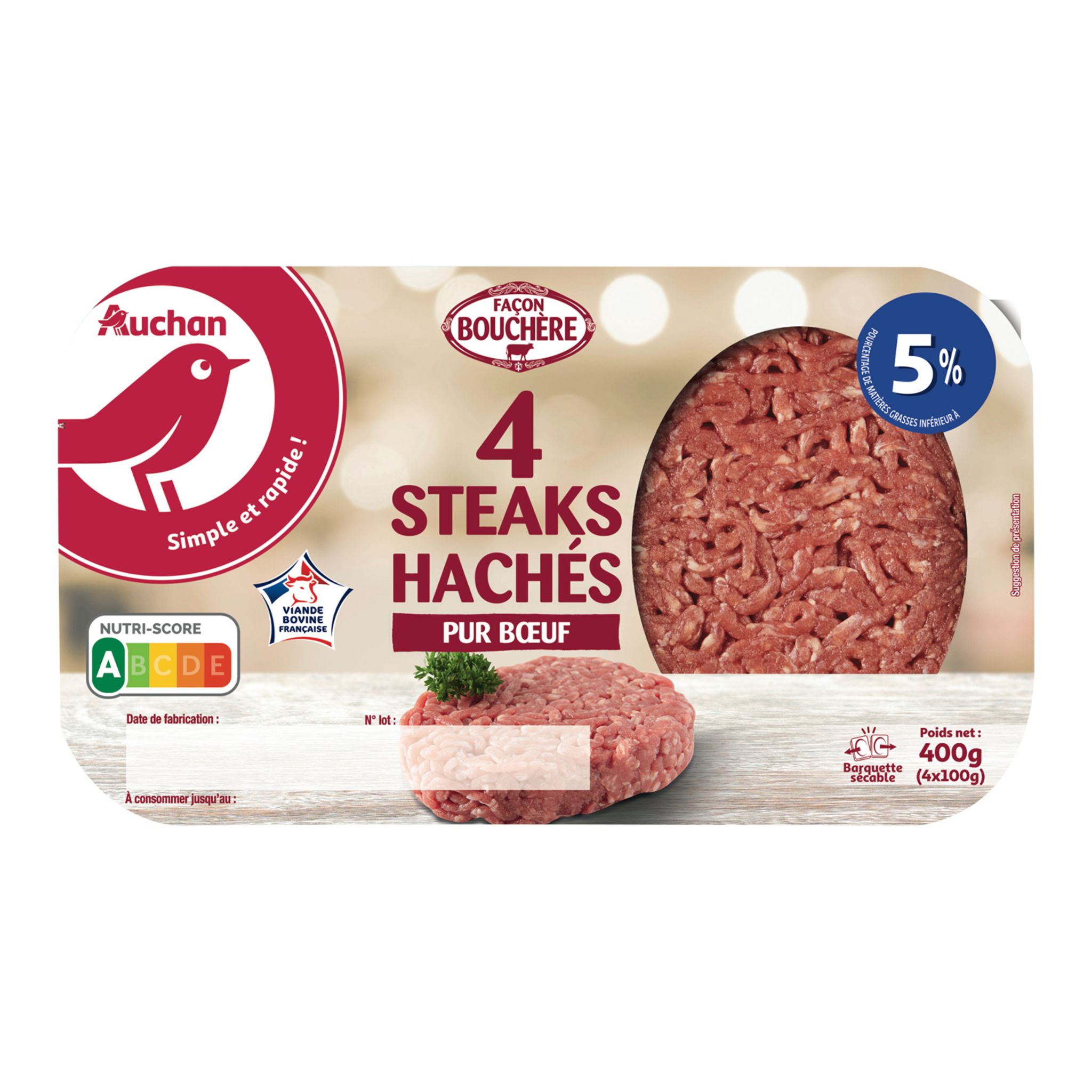 CHARAL Steaks hachés pur bœuf 5% MG 4 steaks 400g pas cher 