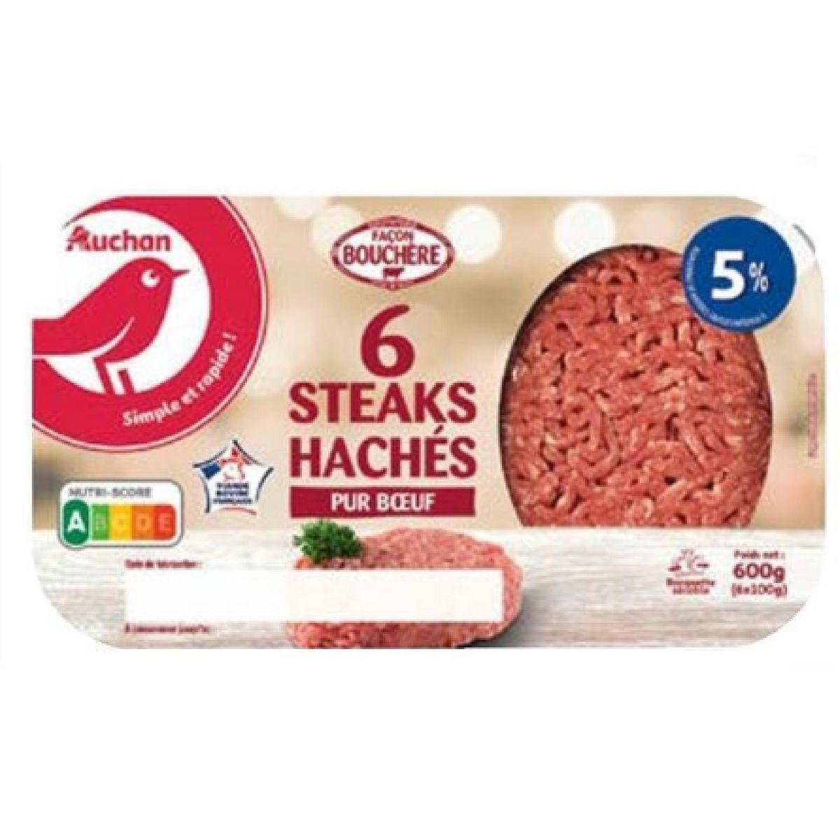 AUCHAN Steaks hachés pur bœuf façon bouchère 5%mg 6 pièces 600g
