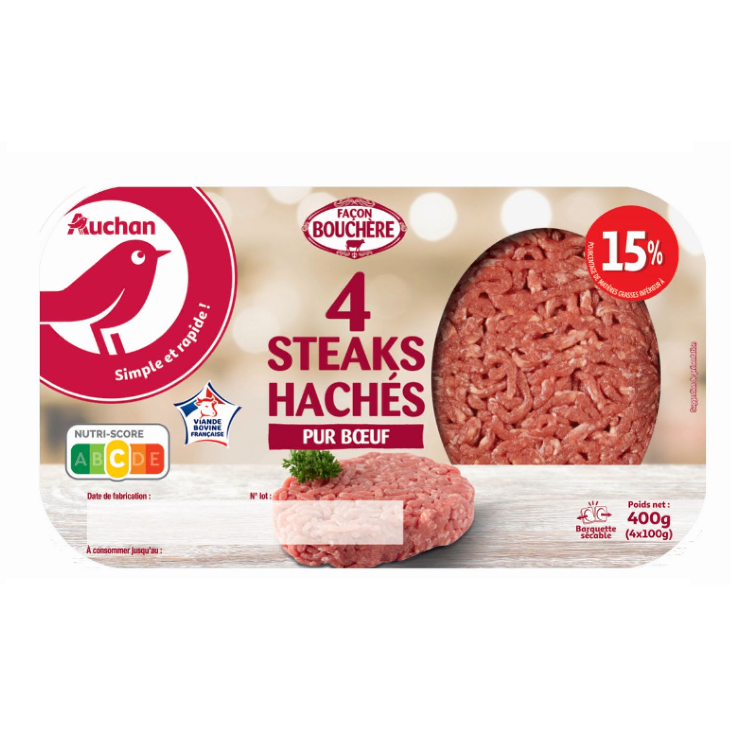 AUCHAN Haché vrac Pur Bœuf 5%mg 500g pas cher 