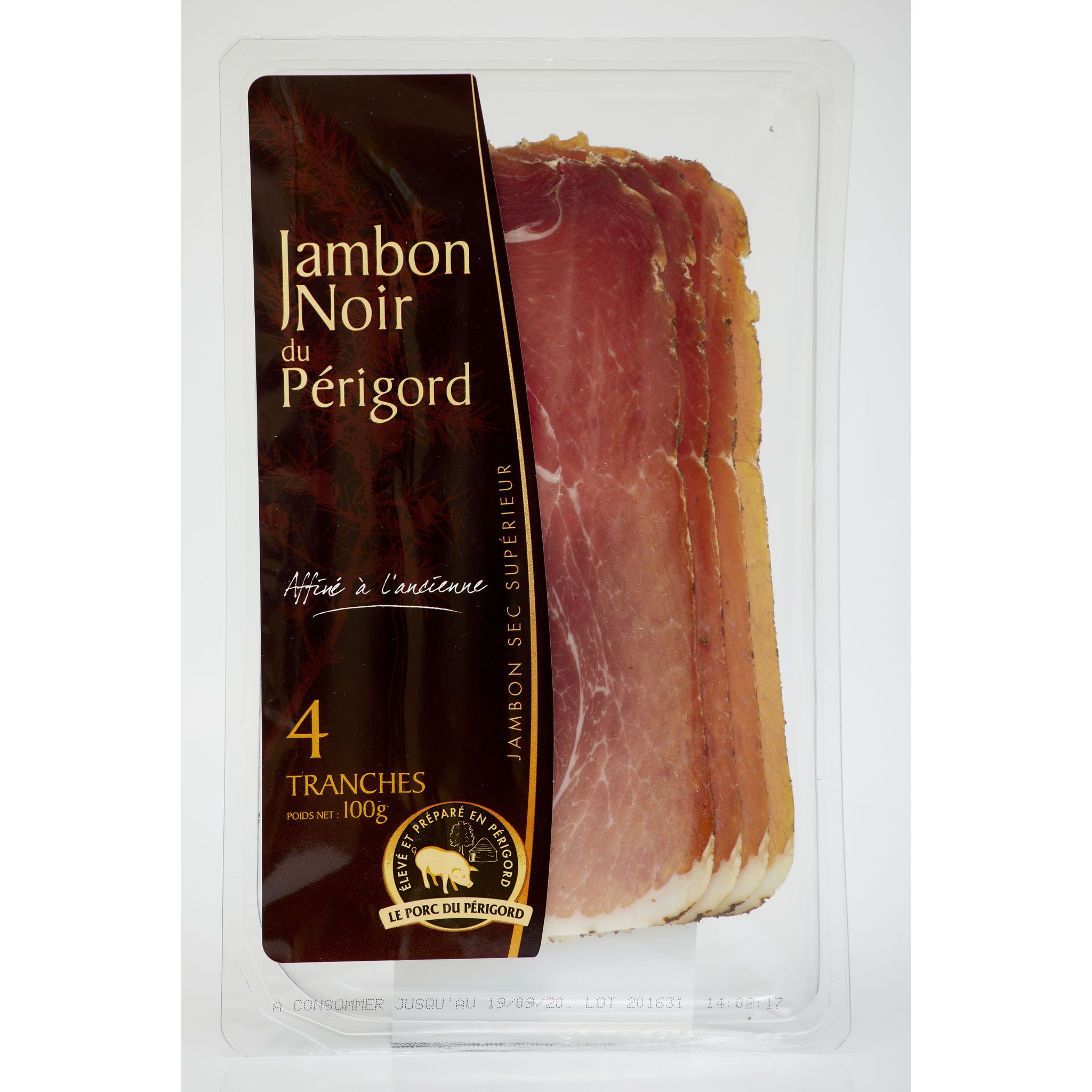 Jambon sec supérieur Noir du Périgord 4 Tranches, 100 g - Salaisons