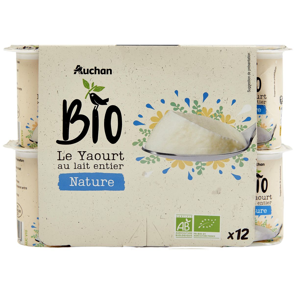 AUCHAN BIO Yaourt nature au lait entier sucré 4x125g pas cher 