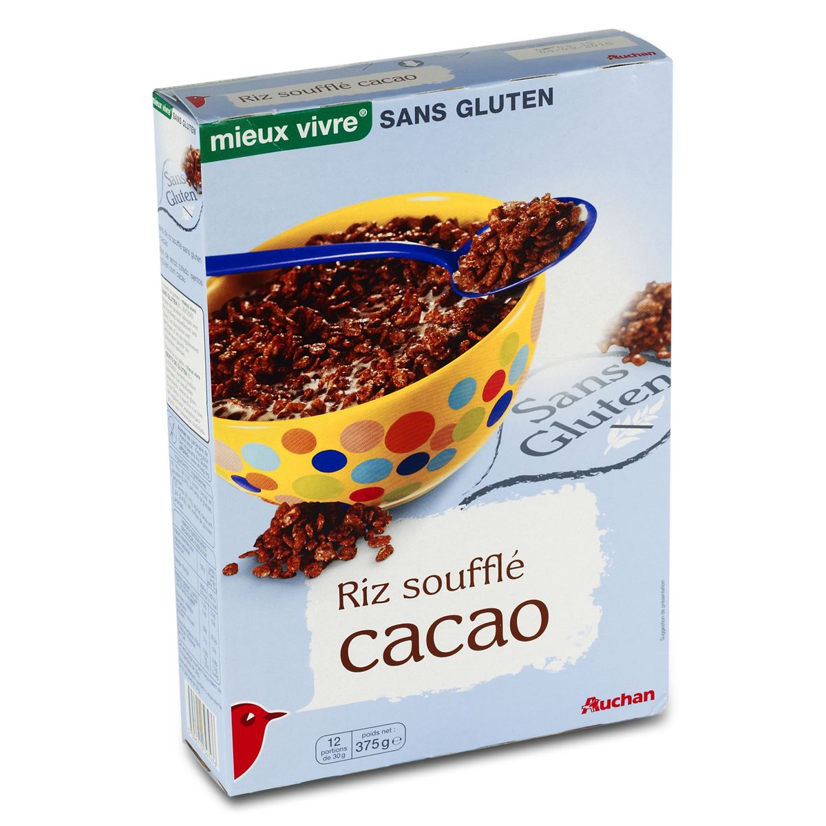 AUCHAN MIEUX VIVRE Céréales de riz soufflé cacao sans gluten 375g