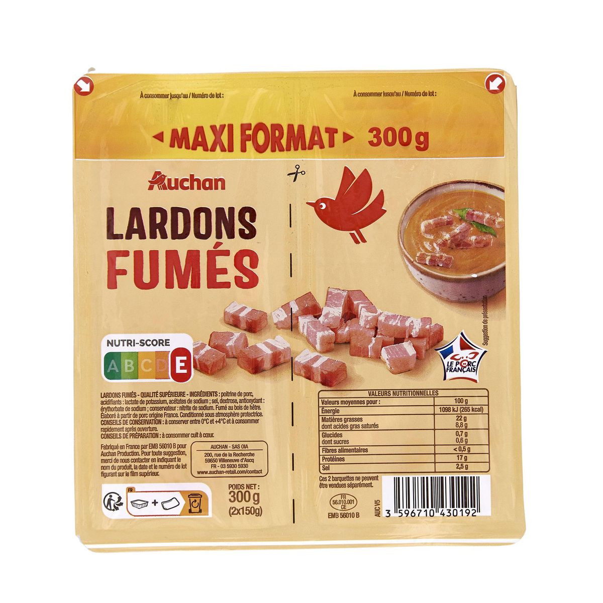 AUCHAN Lardons fumés 2x150g pas cher 