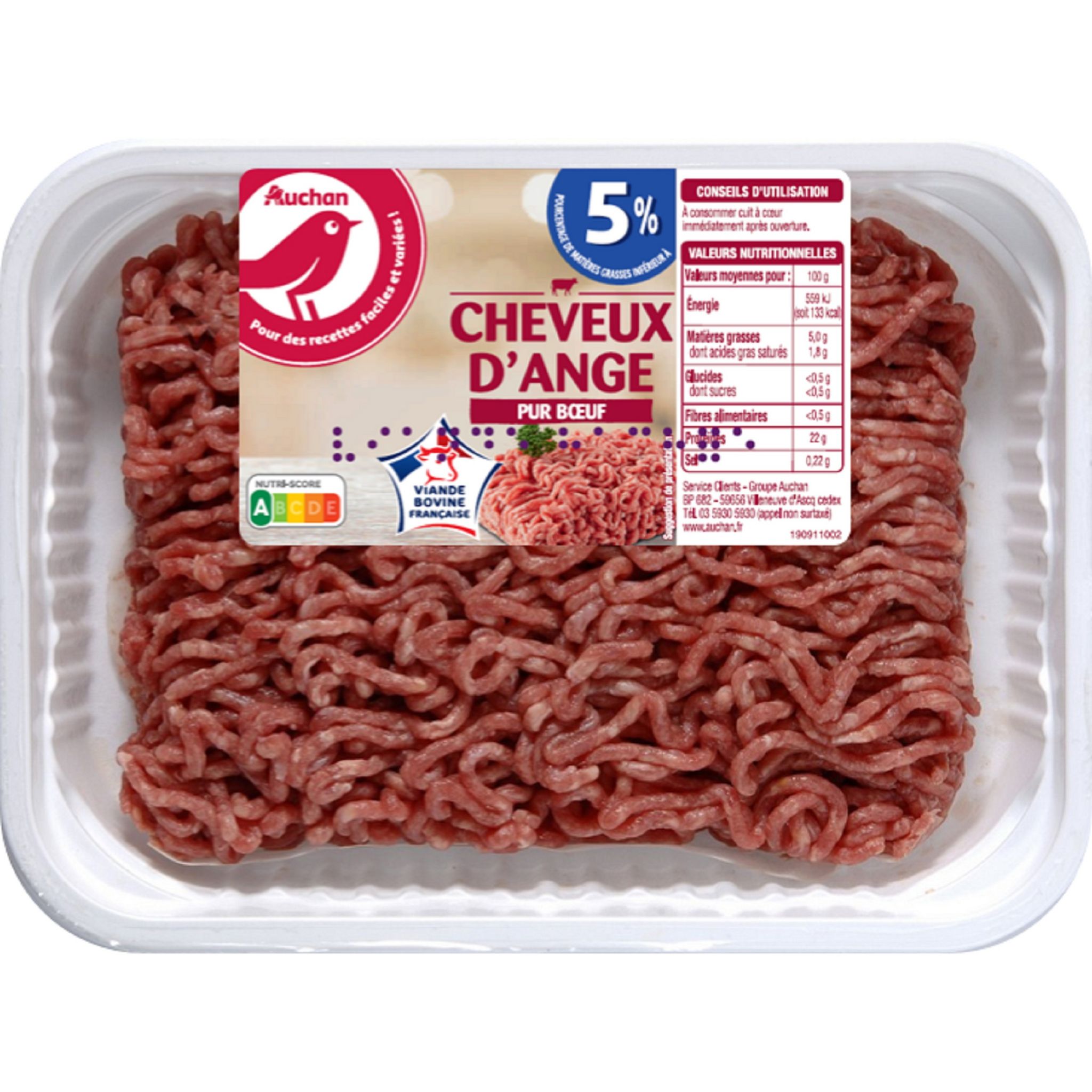 AUCHAN Haché vrac Pur Bœuf 5%mg 500g pas cher 