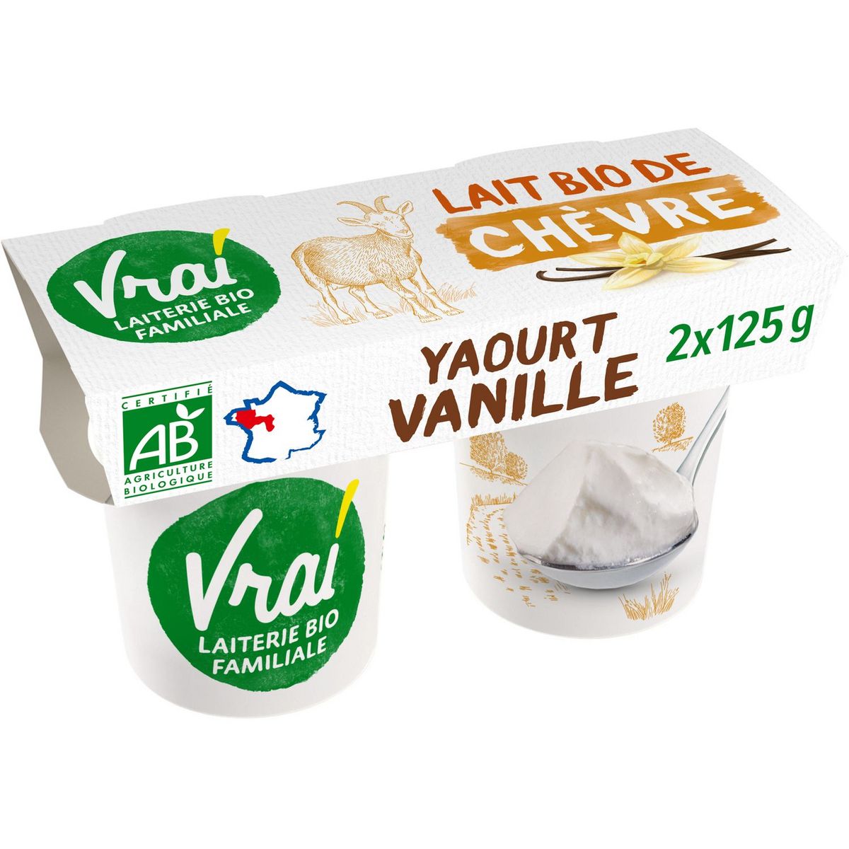 VRAI Yaourt nature bio à la vanille au lait de chèvre 2x125g