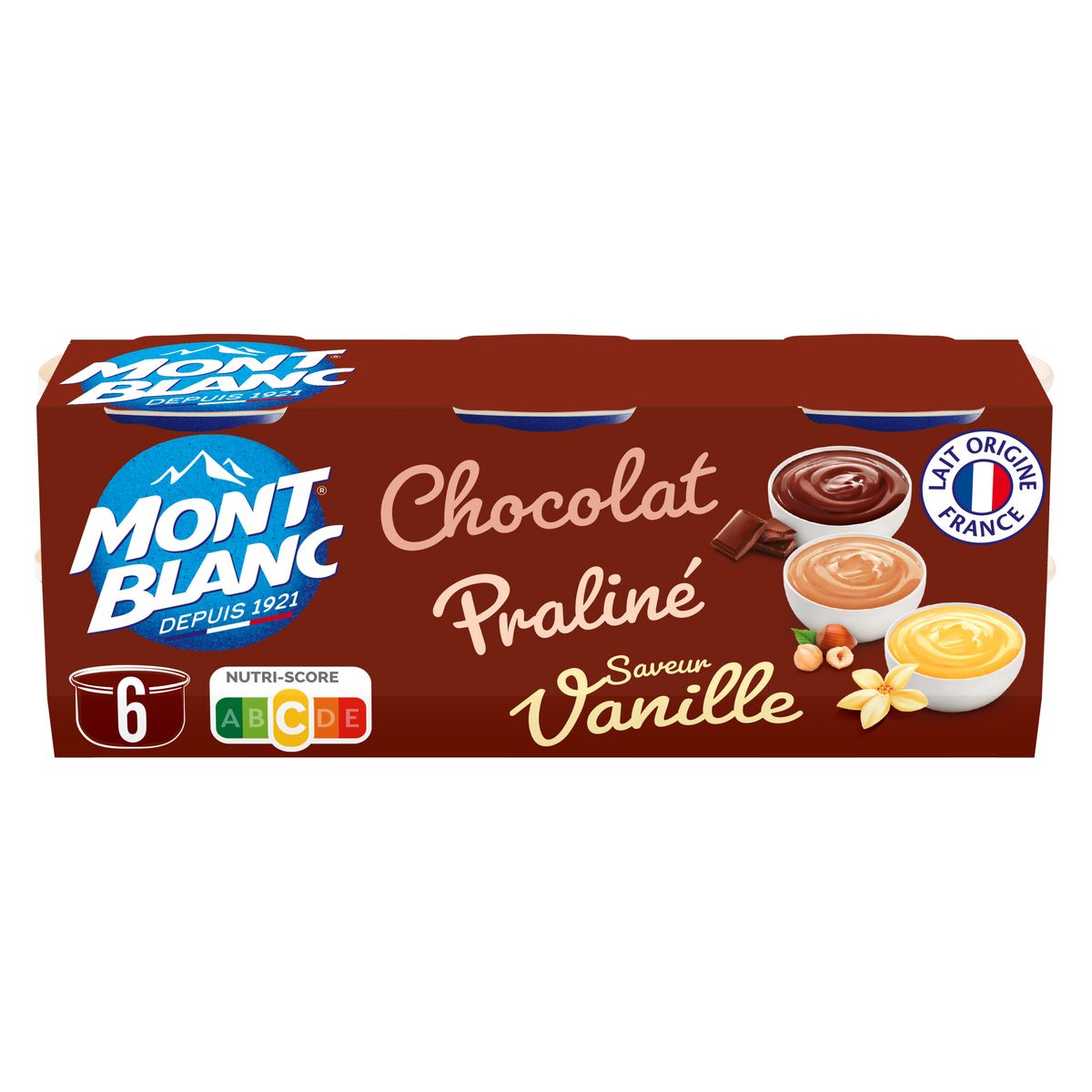 MONT BLANC Assortiment crème dessert chocolat vanille et praliné 6 pots de 125g 750g