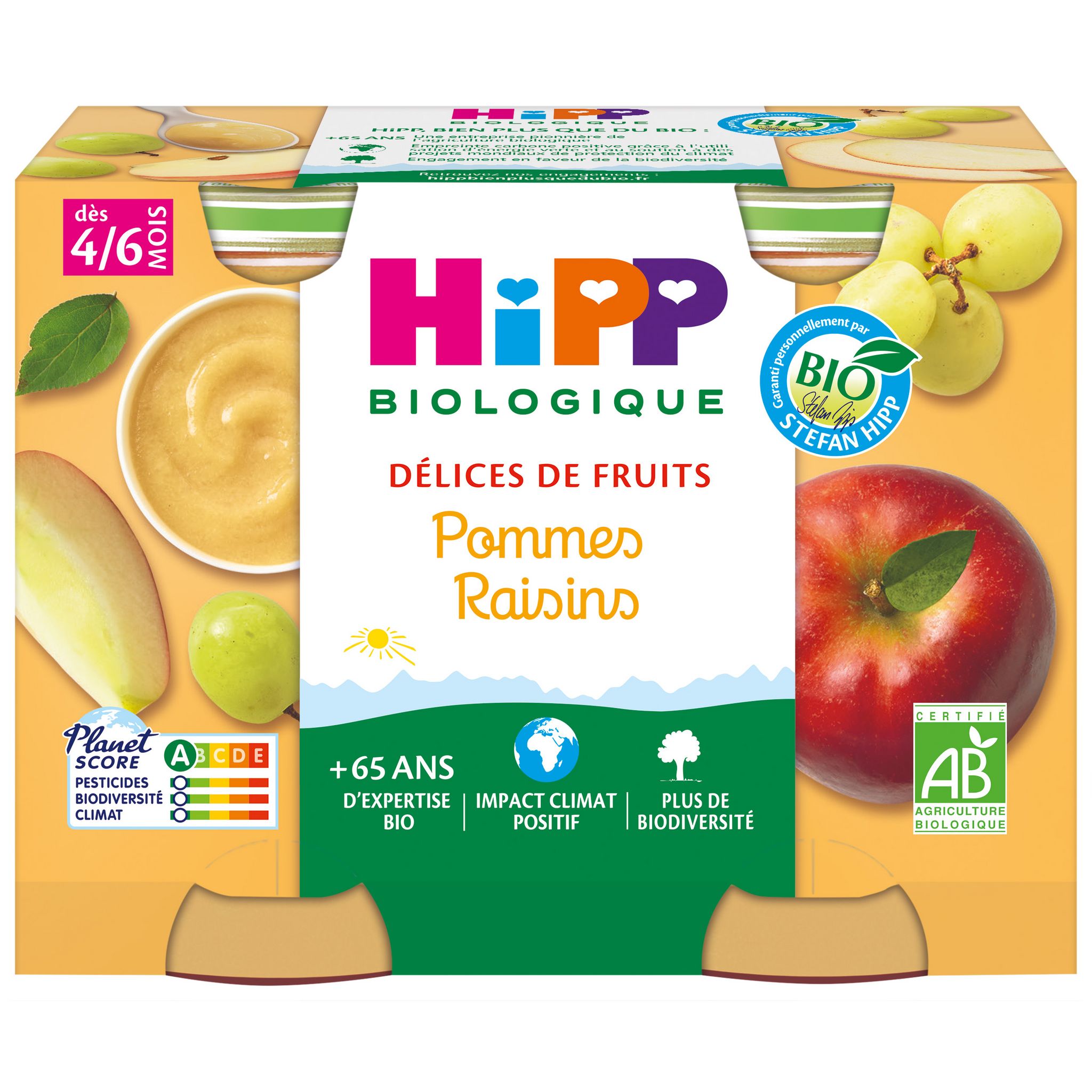 HIPP Biologique Délices de fruits purée de fruits pommes raisins sans sucre  ajoutés sans gluten 2 pots 2x190g pas cher 