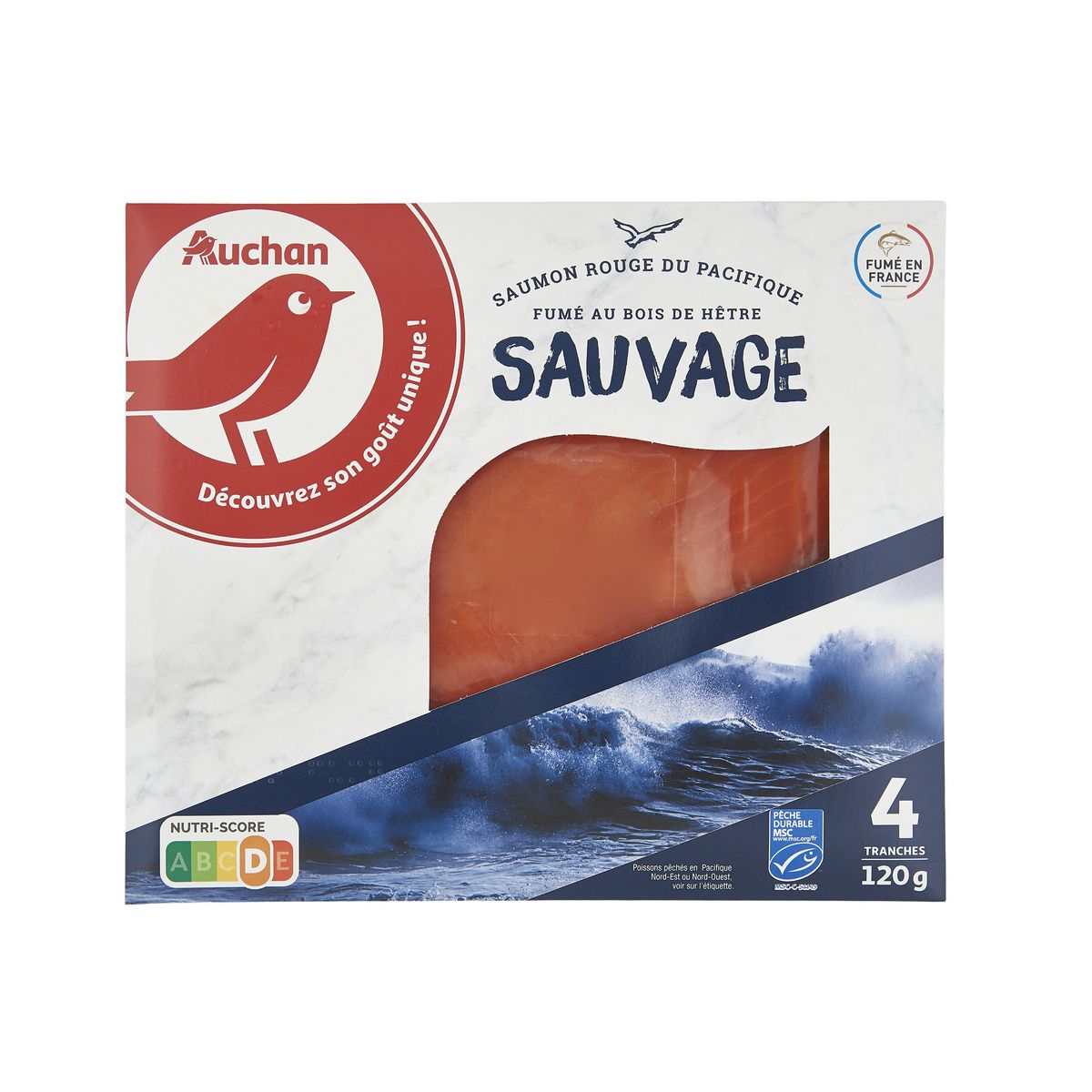 AUCHAN Saumon sauvage rouge du Pacifique fumé MSC 4 tranches 120g