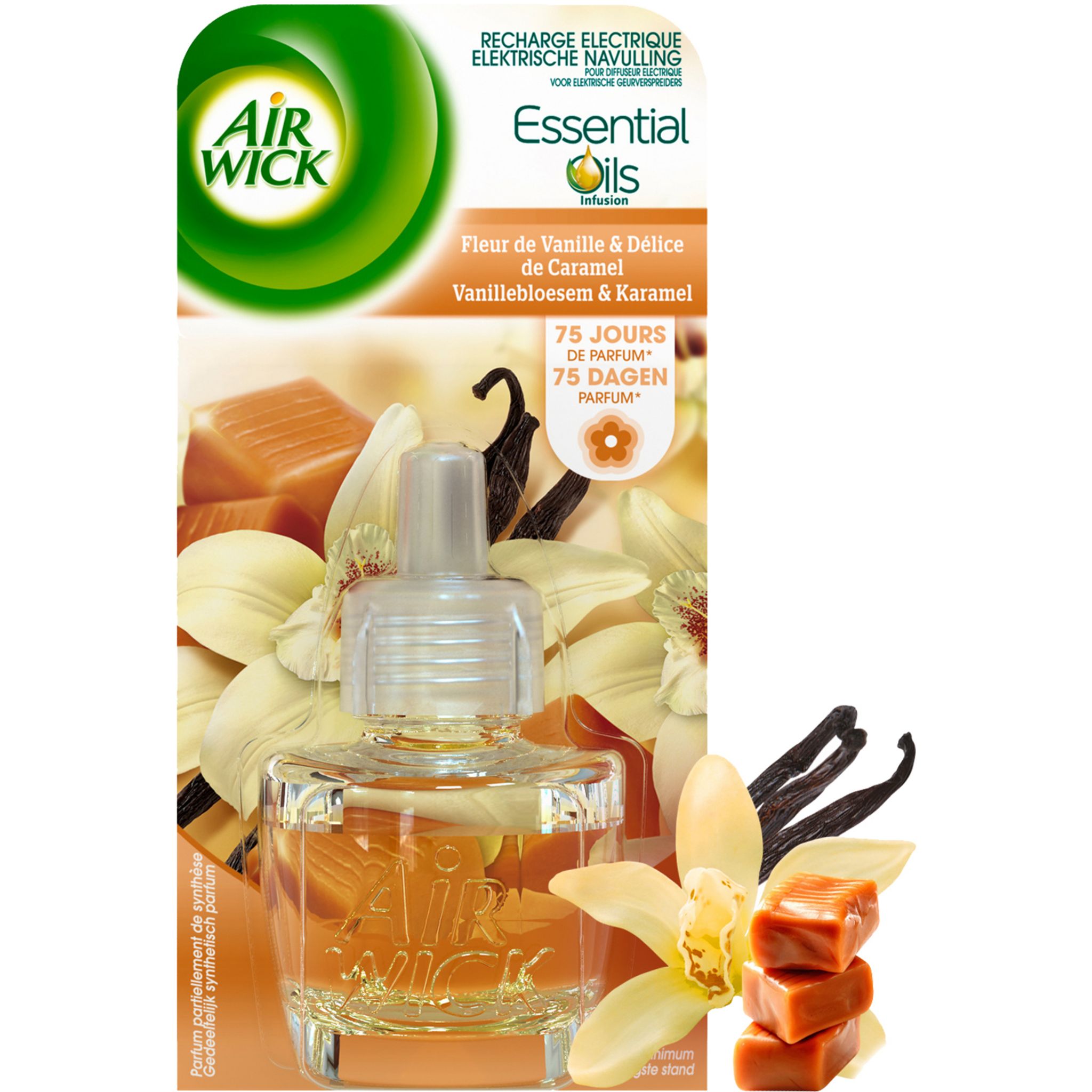 AIR WICK Essential Oils recharge pour diffuseur electrique vanille caramel  19ml pas cher 