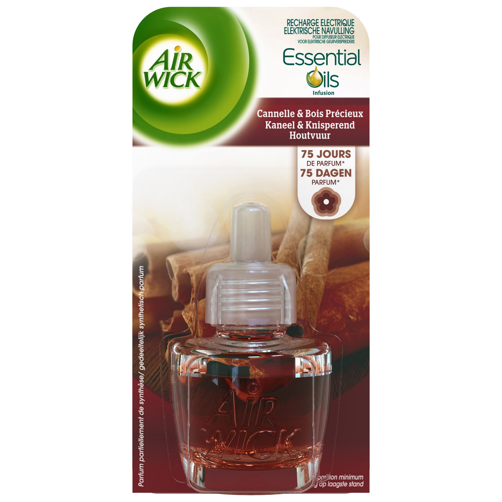 AIR WICK Essential Oils recharge pour diffuseur electrique cannelle et bois  précieux 19ml pas cher 