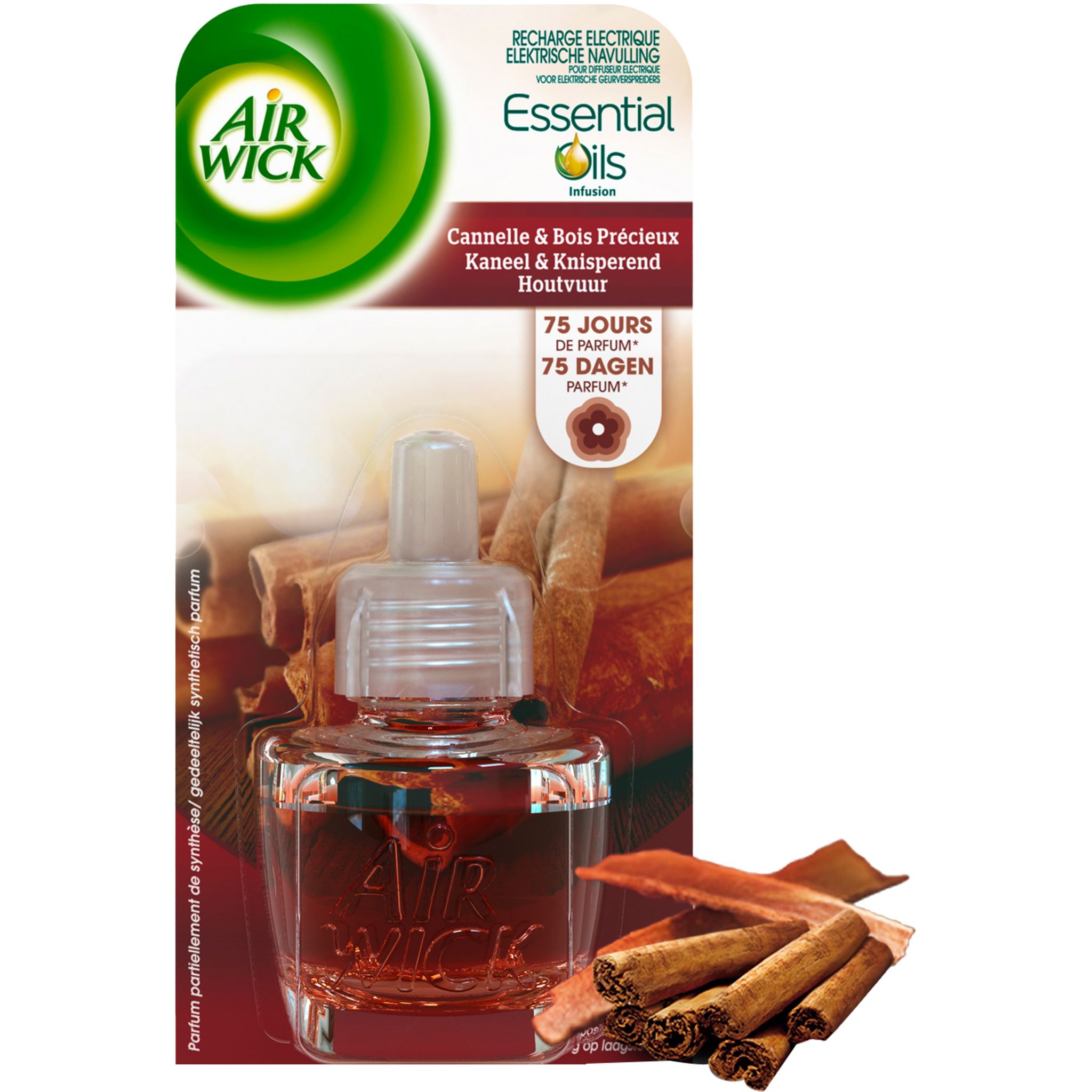 AIR WICK Essential Oils recharge pour diffuseur electrique cannelle et bois  précieux 19ml pas cher 
