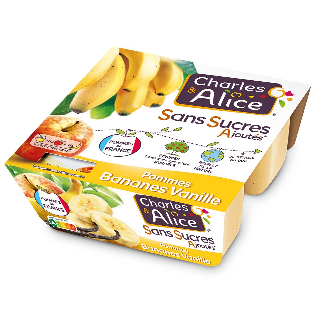 CHARLES & ALICE Spécialité pommes bananes vanille sans sucres ajoutés 4x100g
