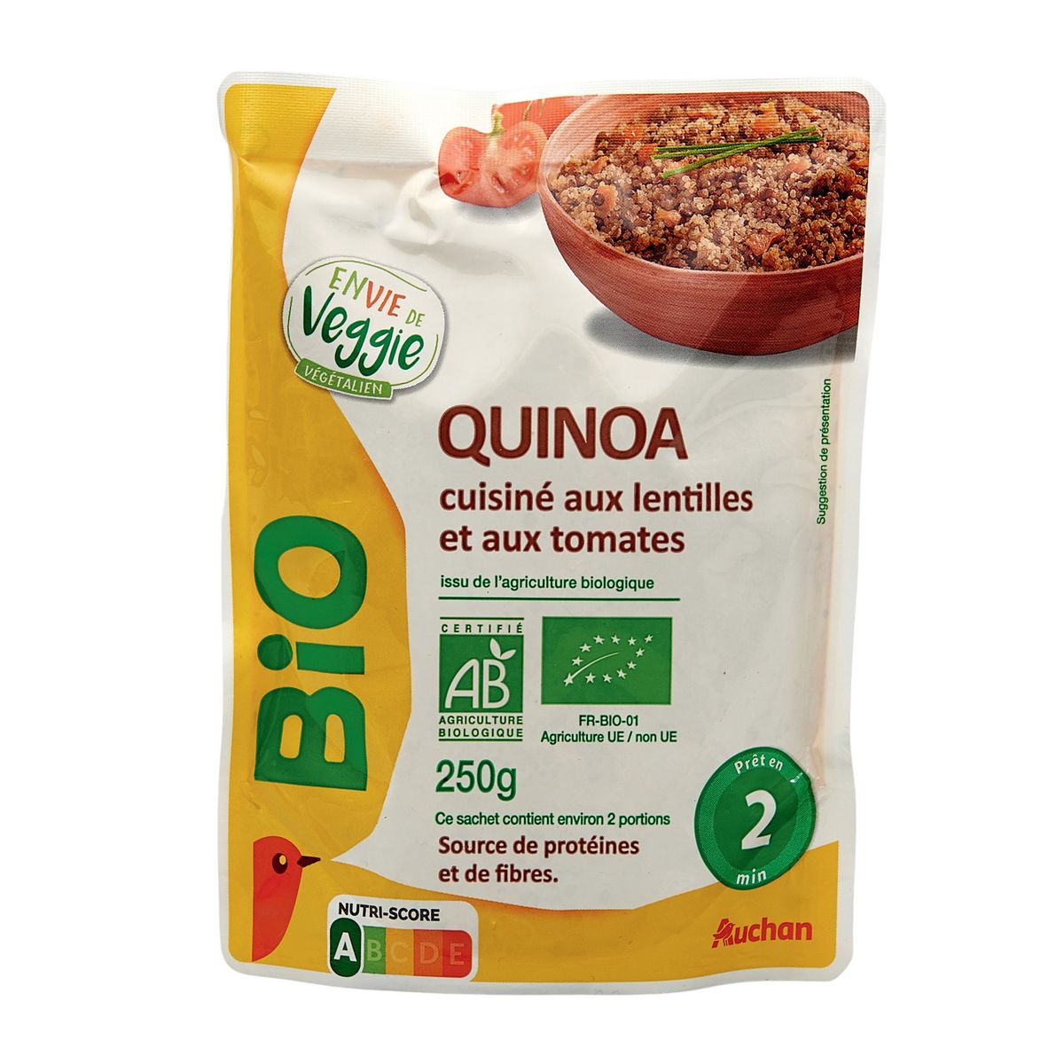 AUCHAN BIO Quinoa cuisiné aux lentilles et tomates sachet express 1-2 personnes 250g
