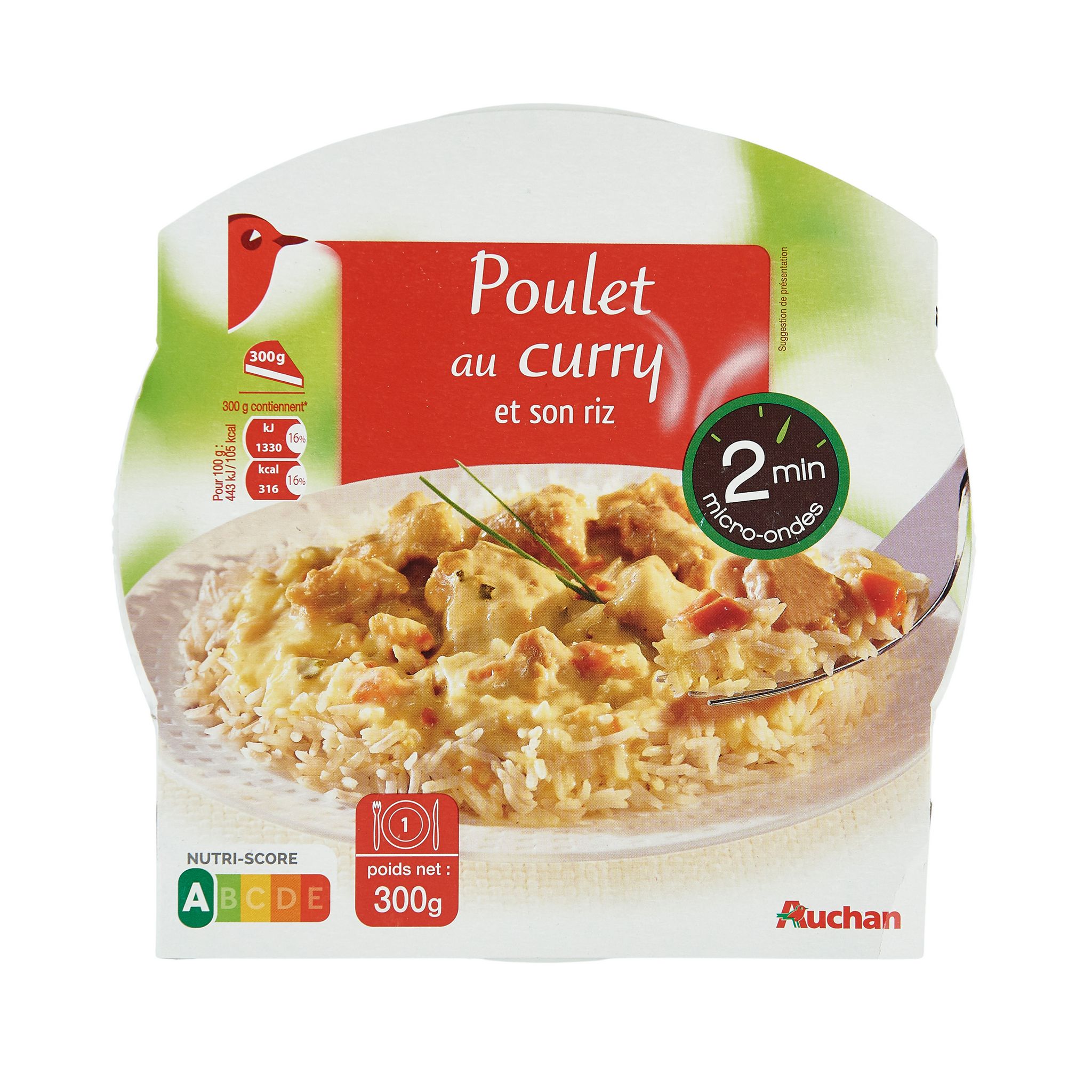 AUCHAN Poulet au curry et son riz barquette 2min au micro-ondes 1 personne  300g pas cher 