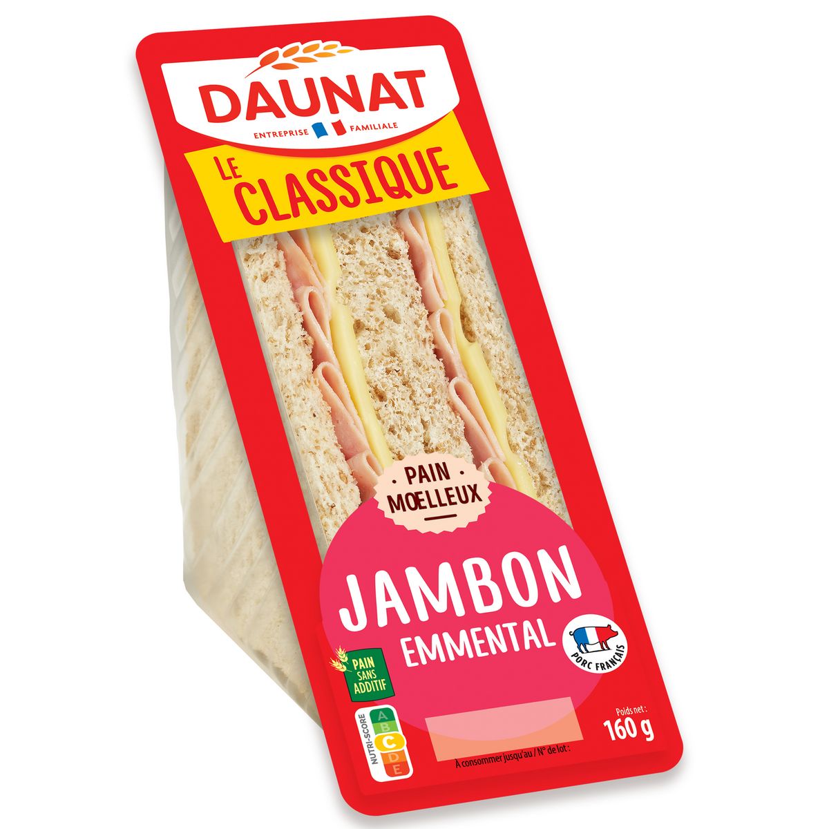 DAUNAT Le club sandwich jambon et emmental 160g