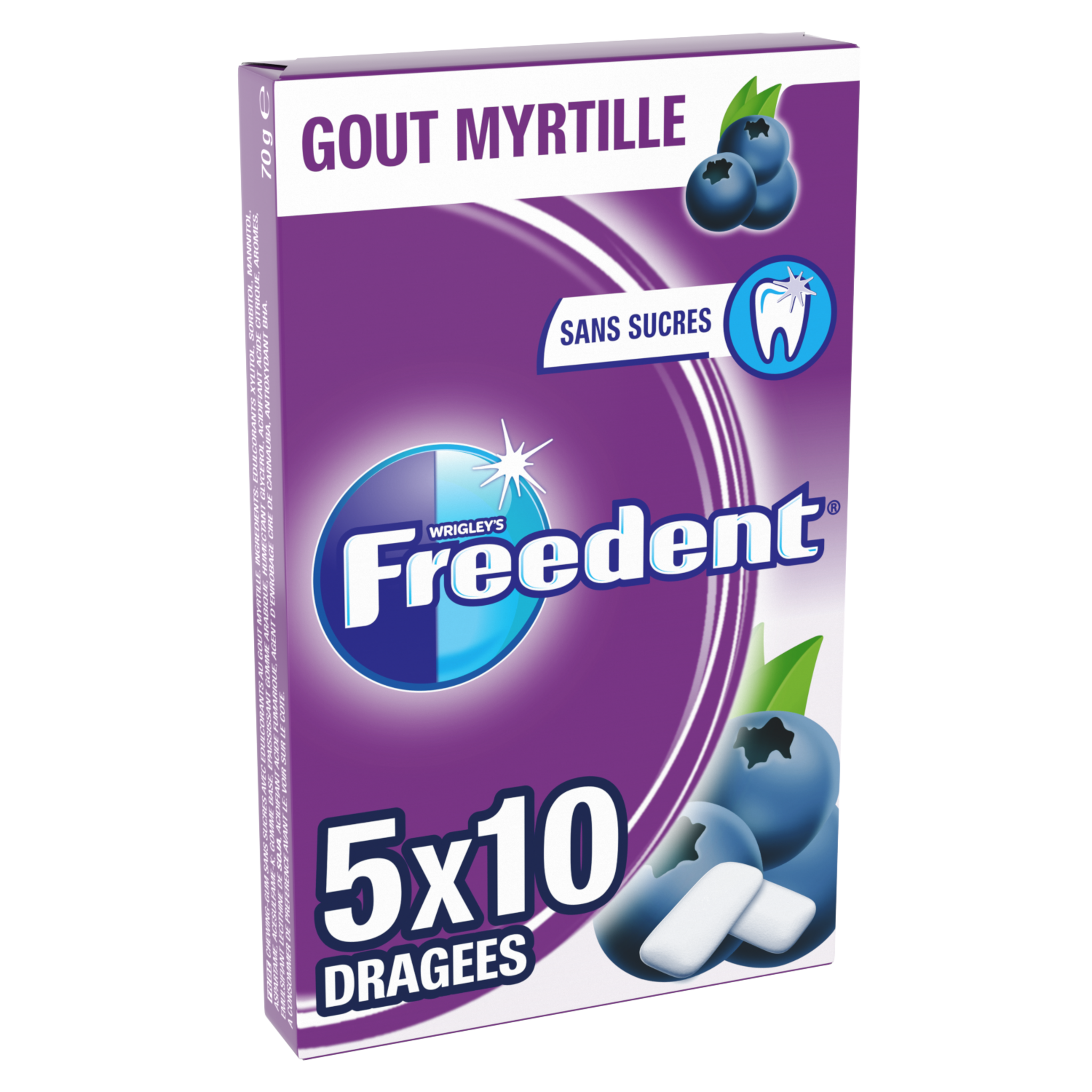 FREEDENT Chewing-gums sans sucres menthe myrtille 5x10 dragées 70g pas cher  