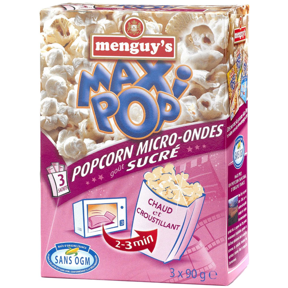 MENGUY'S Maxi pop corn goût sucré micro-ondable 2-3 min sans OGM 3 sachets 3x90g