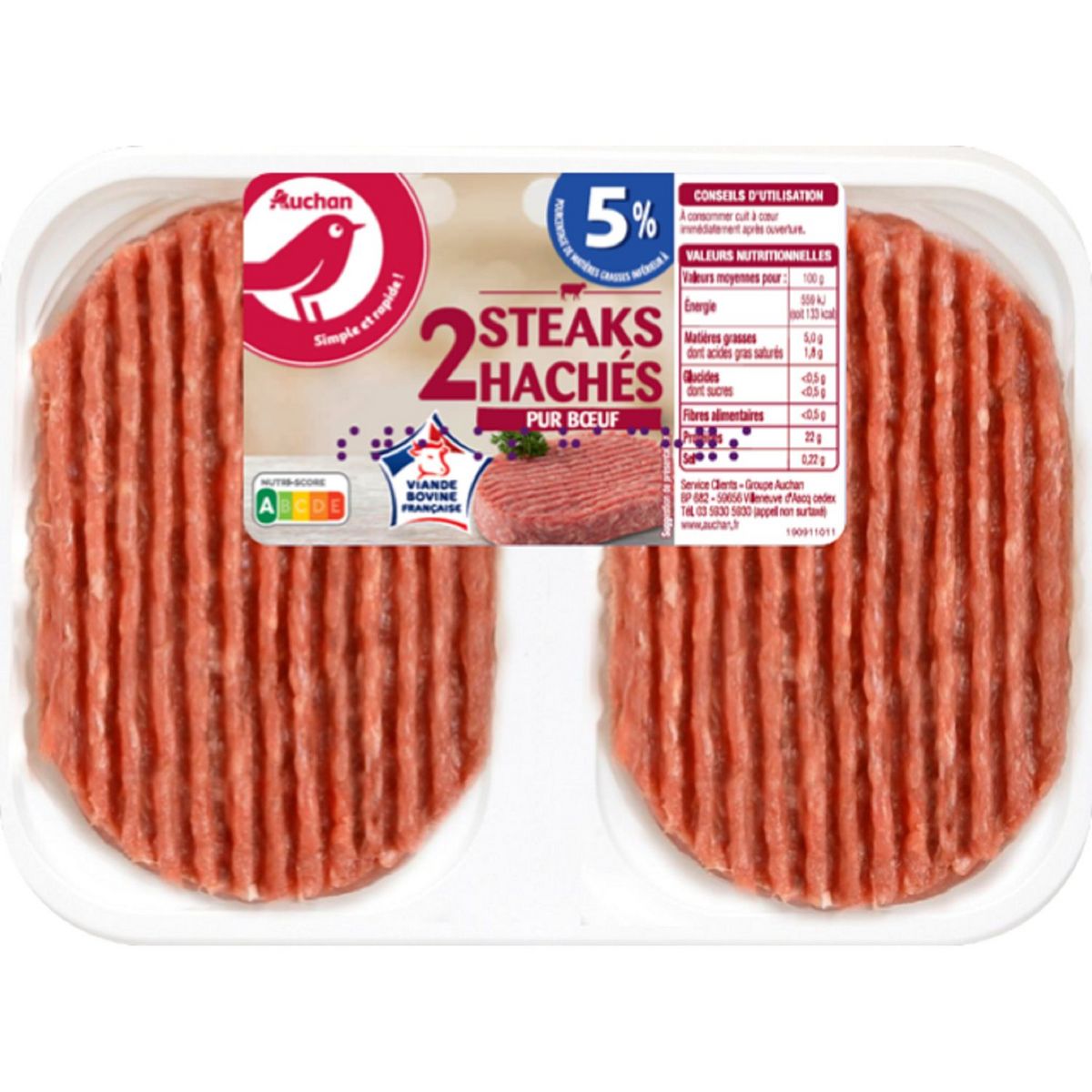 AUCHAN Steaks Hachés Pur Boeuf 5%mg 2 pièces 250g