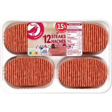 AUCHAN Steaks hachés pur bœuf 15%mg 12 pièces 1.2kg