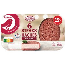 AUCHAN Steaks Hachés Pur Bœuf façon Bouchère 15%mg 6 pièces 600g