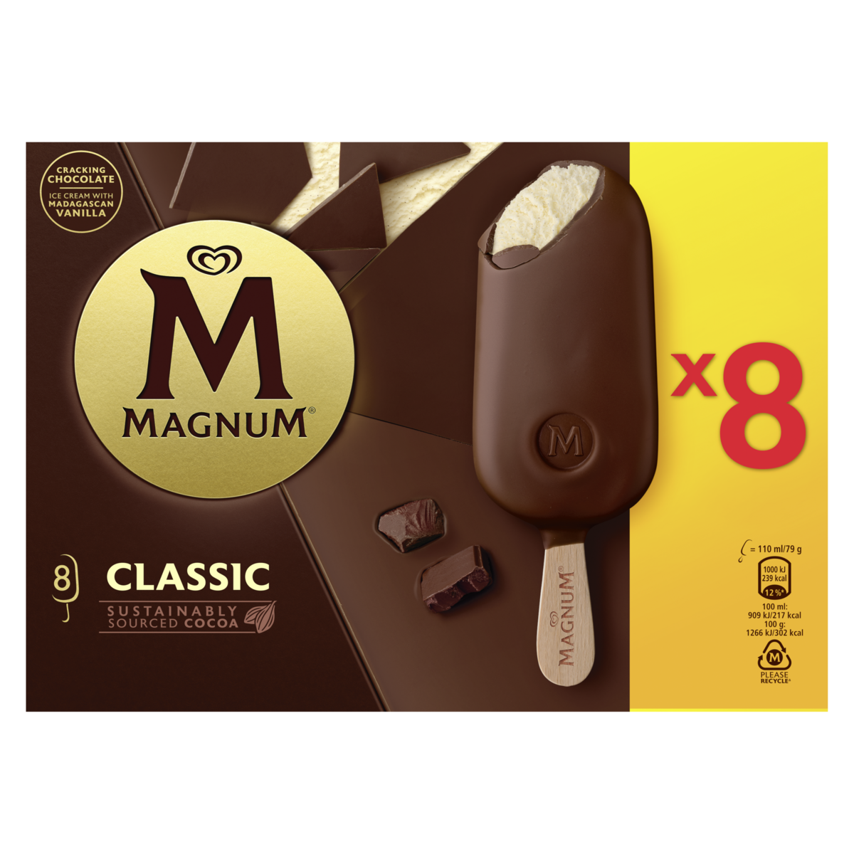 MAGNUM Bâtonnet glacé vanille chocolat au lait 8 pièces 632g
