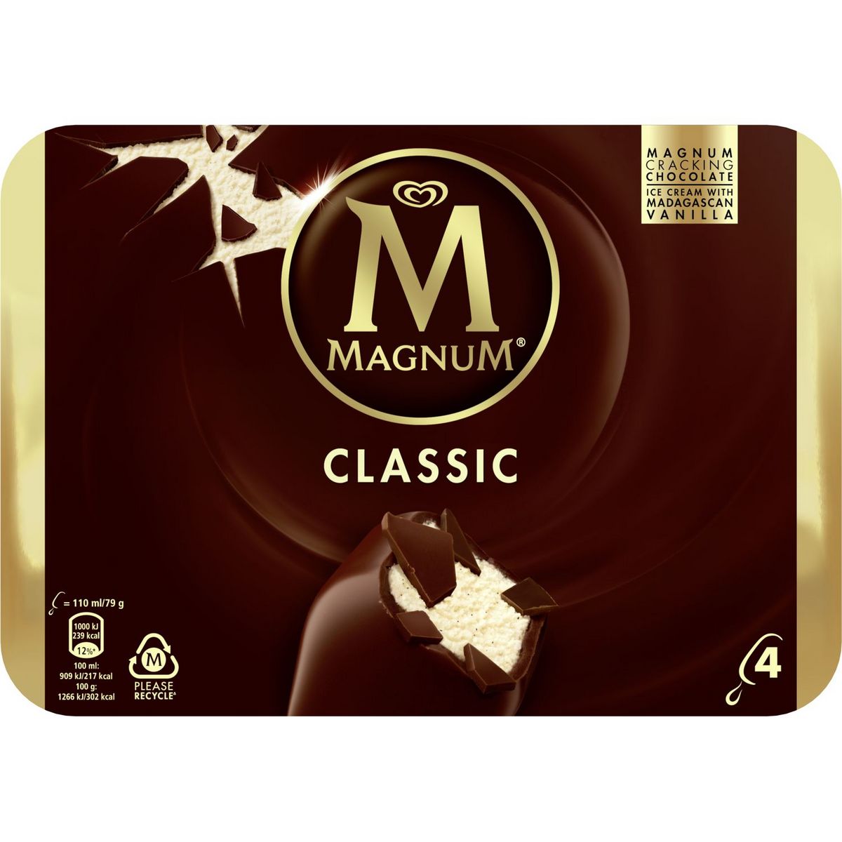 MAGNUM Bâtonnet glacé vanille chocolat 4 pièces 316g