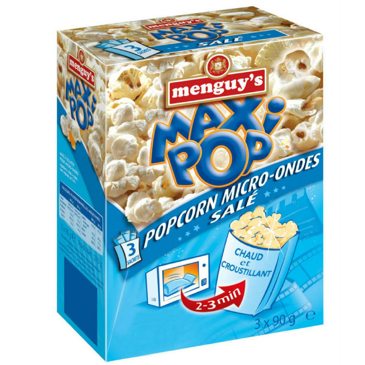 MENGUY'S Maxi pop corn goût salé micro-ondable 2-3 min sans OGM 3 sachets  3x90g pas cher 