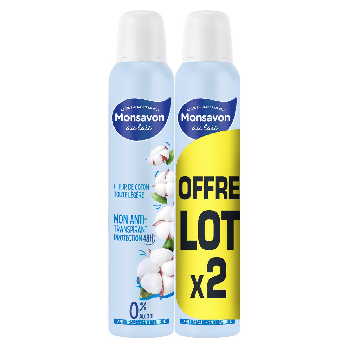 MONSAVON Déodorant spray femme anti-humidité fleur de coton 24h 2x200ml