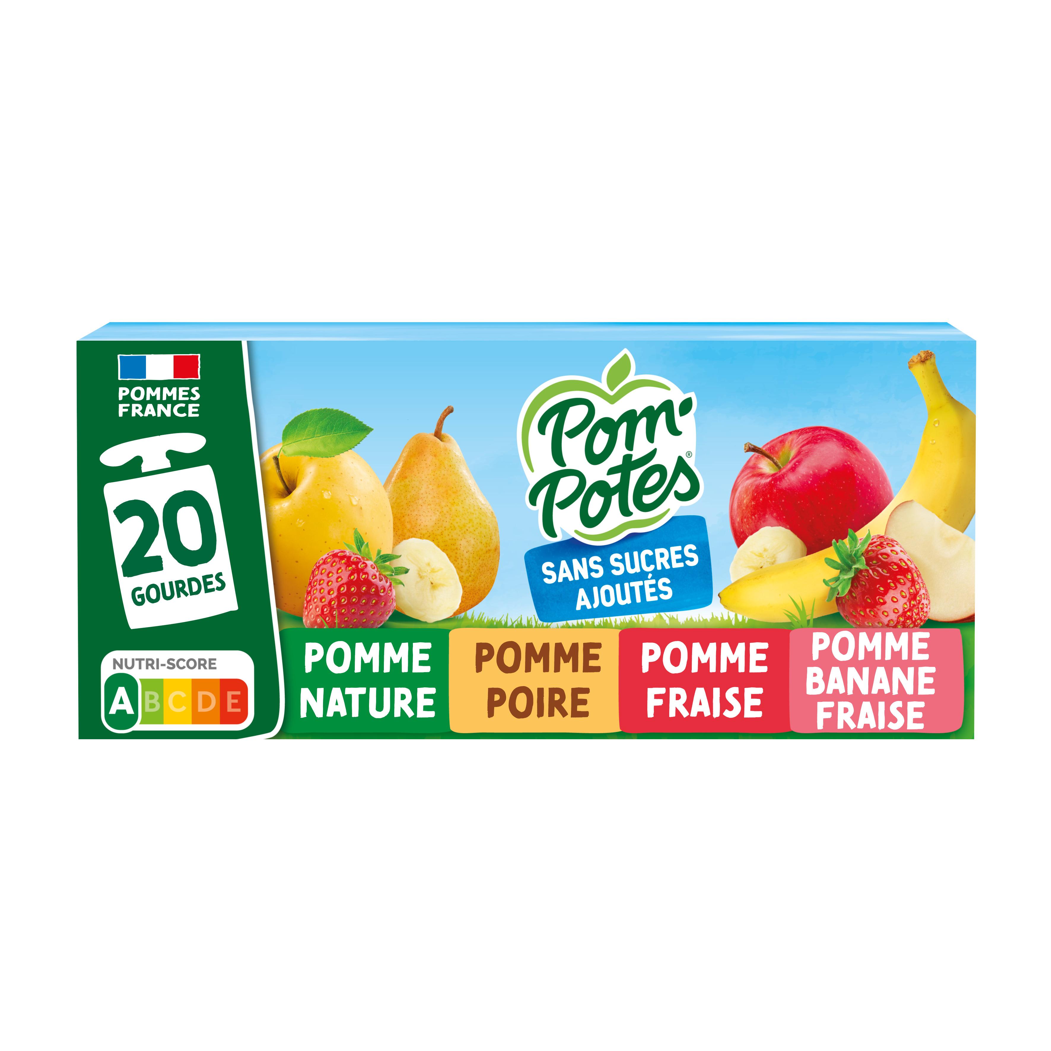 POM'POTES Gourdes compote pomme poire fraise banane sans sucres ajoutés  20x90g pas cher 