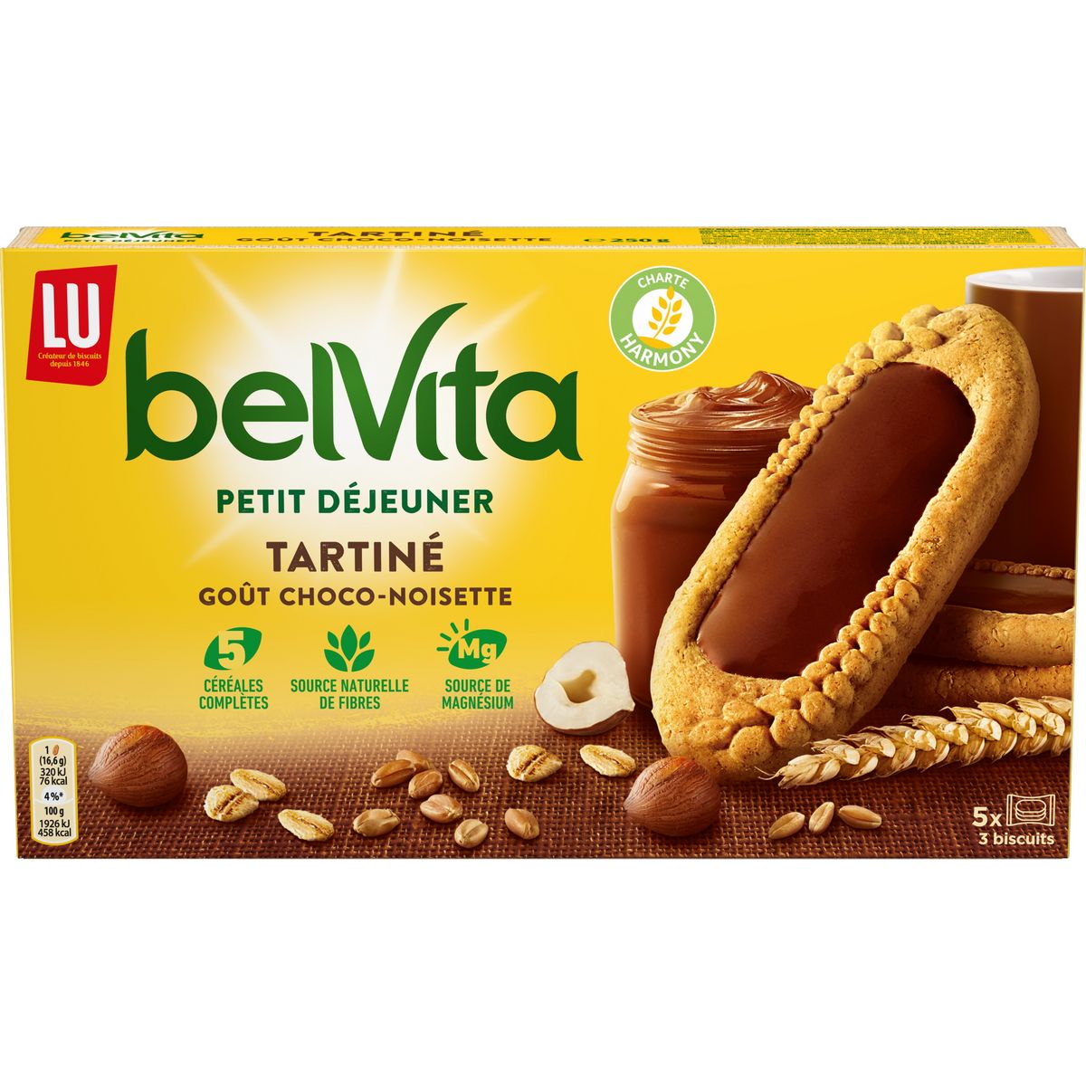 BELVITA Biscuits petit-déjeuner tartiné goût chocolat noisette, sachets fraîcheur 5x3 biscuits 250g