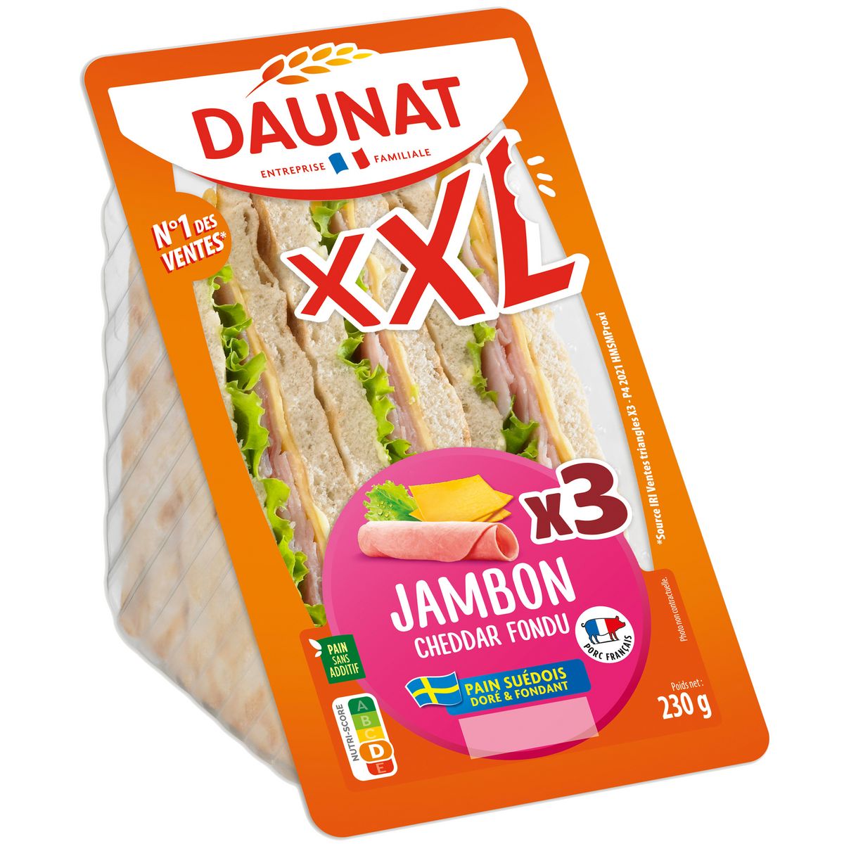 DAUNAT XXL Sandwich jambon cheddar fondu 230g