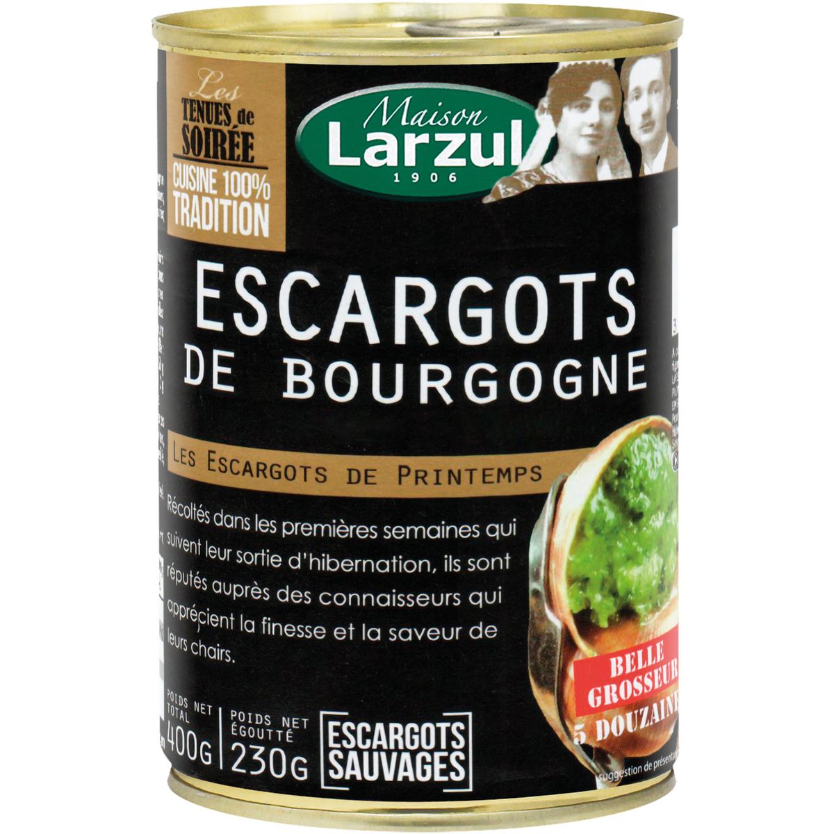 LARZUL Escargots de Bourgogne belle grosseur 60 escargots 400g pas