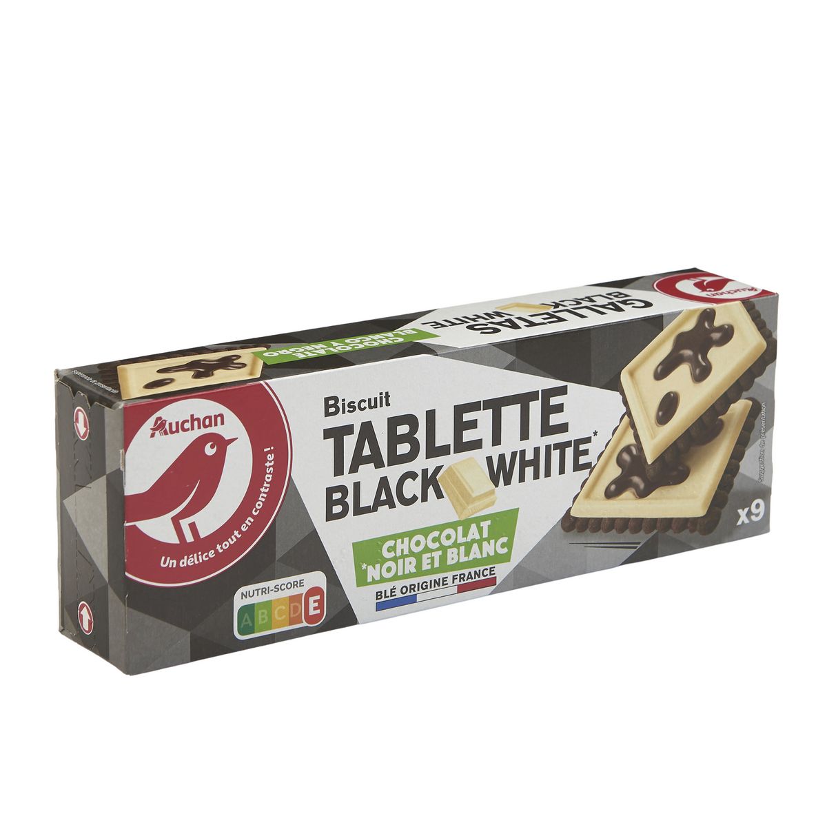 AUCHAN Biscuits cacaoté avec tablette de chocolat blanc et noir 9 biscuits 115g