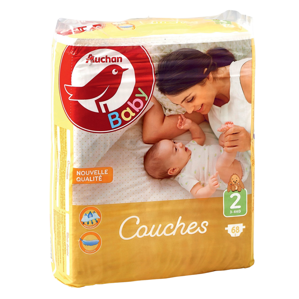 AUCHAN BABY Couches taille 2 (3-6kg) 68 couches pas cher 