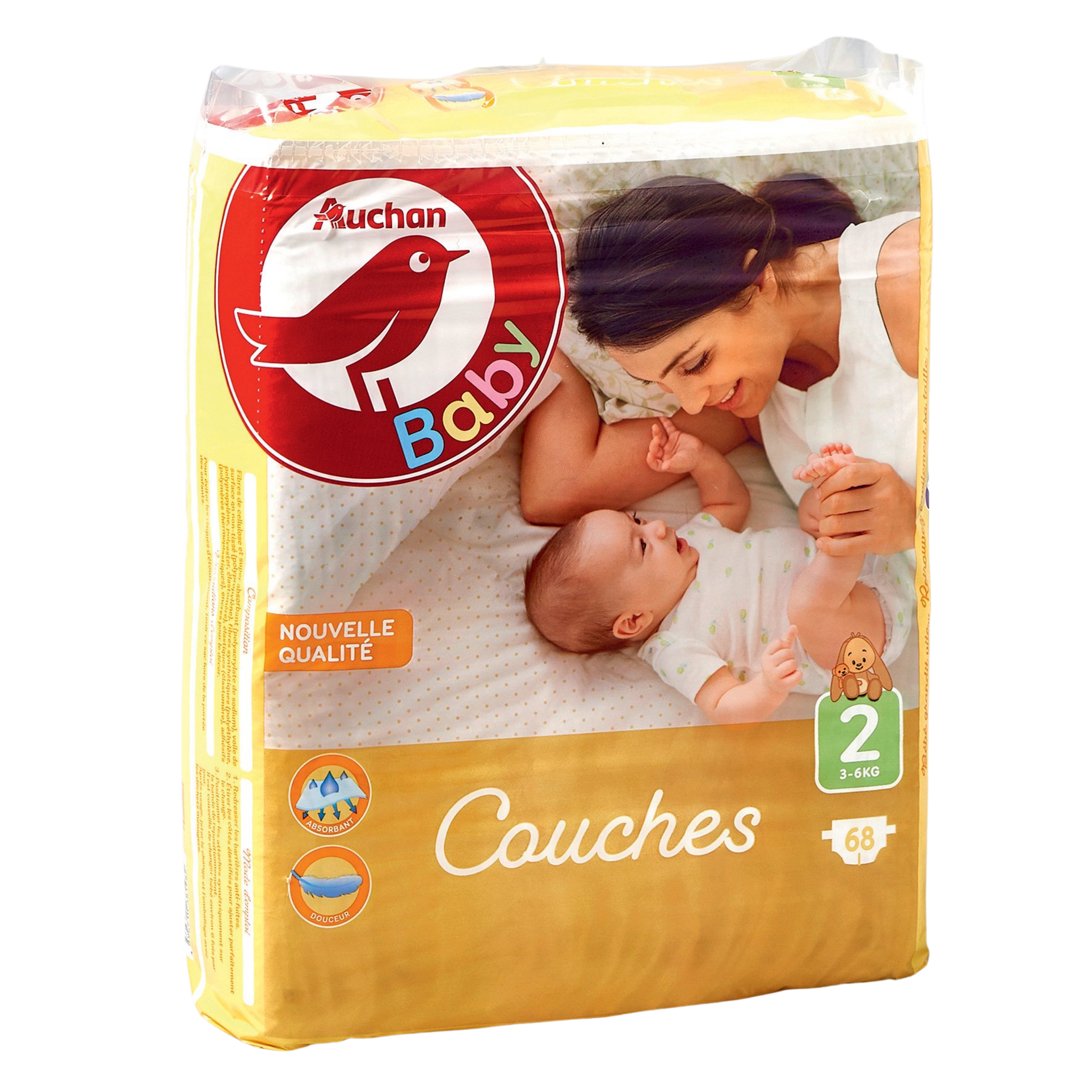 AUCHAN BABY Couches taille 2 (3-6kg) 68 couches pas cher 