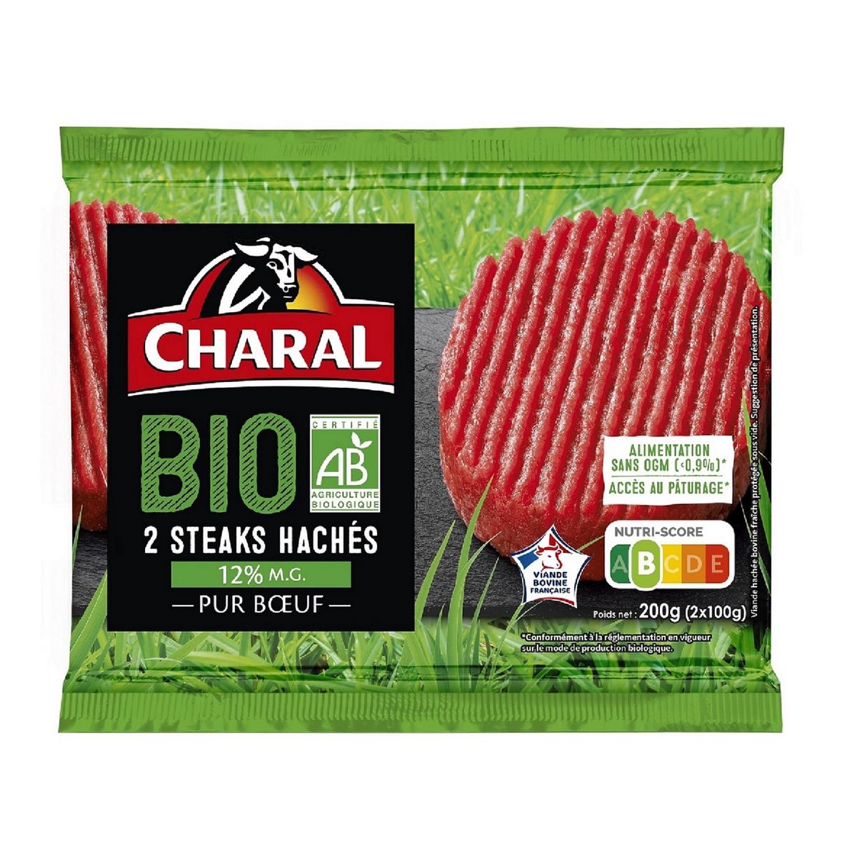CHARAL Steaks Hachés Pur Bœuf 12%mg bio 2 pièces 200g