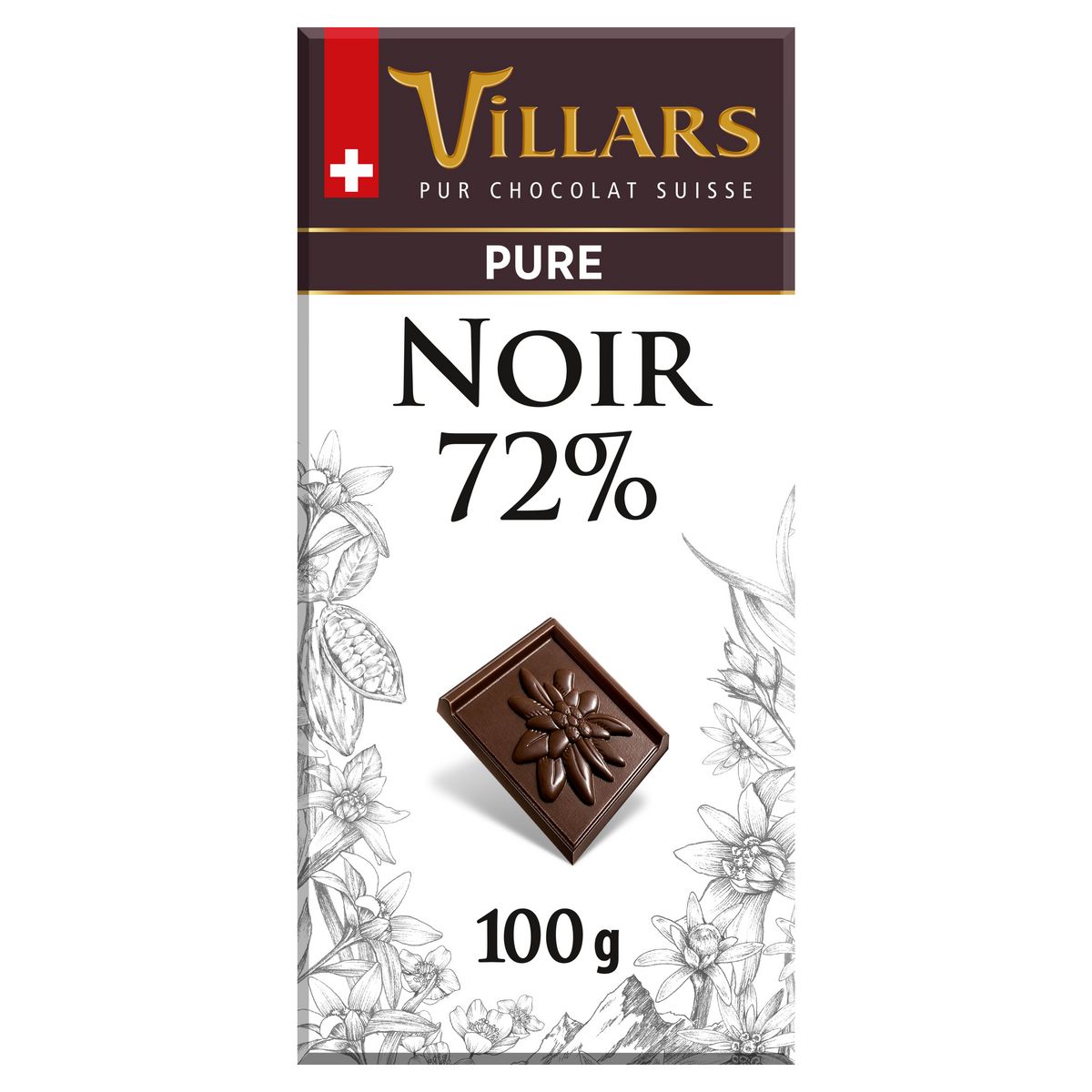 VILLARS Tablette de chocolat noir 72% suisse dégustation 1 pièce 100g