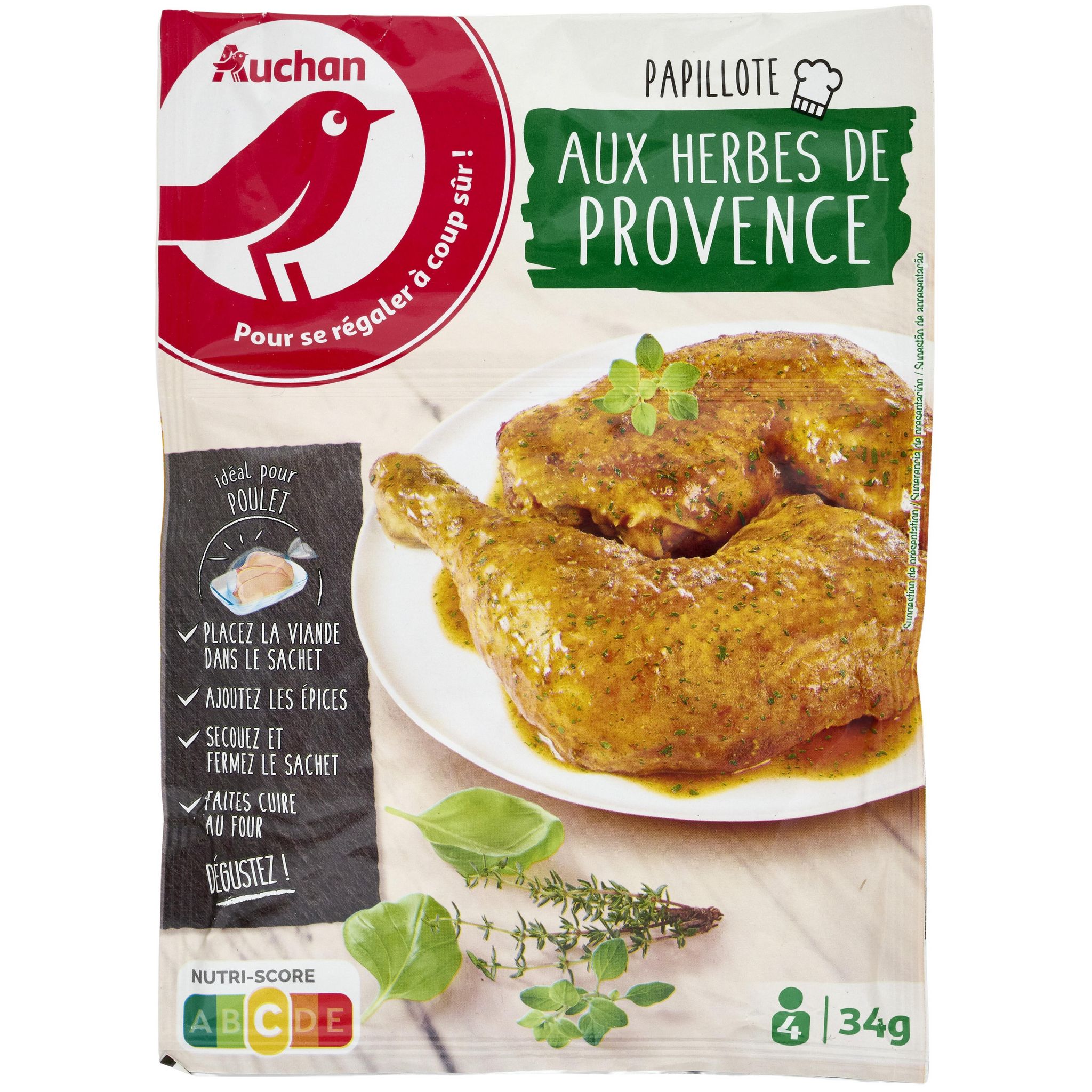 AUCHAN Sachet cuisson 2 en 1 poulet aux herbes de provence 34g pas cher 