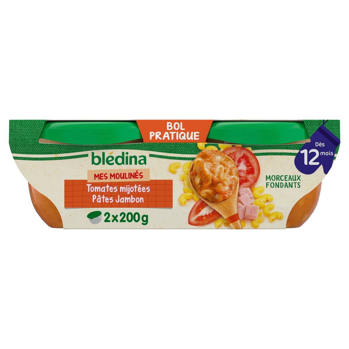 BLEDINA Mes moulinés bol tomates pâtes et jambon dès 12 mois 2x200g