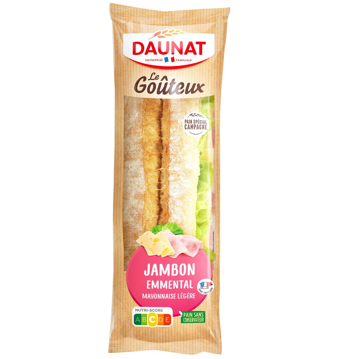 DAUNAT Sandwich baguette jambon emmental crudités pain de campagne 220g
