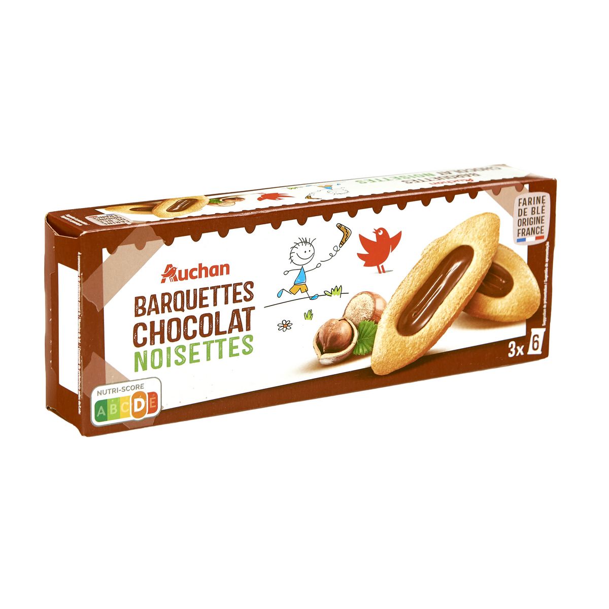 AUCHAN Barquettes chocolat-noisettes, sachets fraîcheur 3x6 biscuits 120g