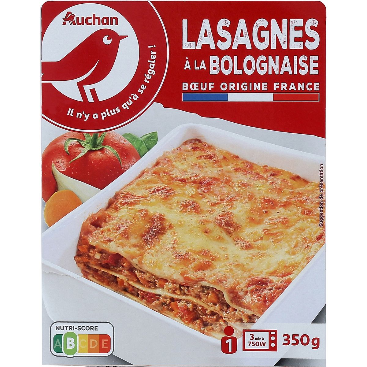 AUCHAN Lasagnes à la bolognaise sans couverts 1 portion 350g