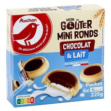 AUCHAN Mini ronds tartelettes chocolat et lait, sachets fraîcheur 6x6 biscuits 225g