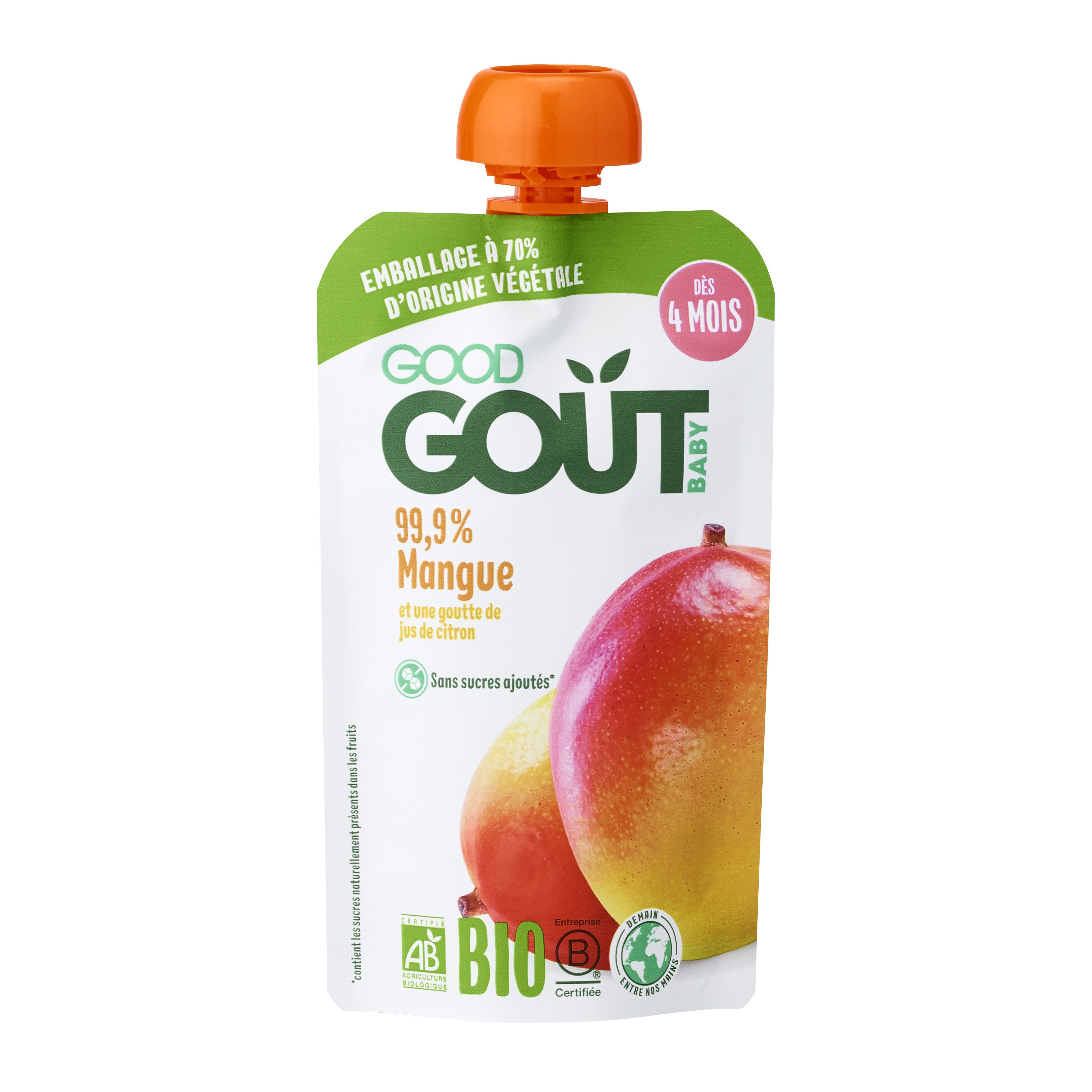 Grossiste Gourde compote mangue sans sucres ajoutés Bio, 4x90g, GOOD GOUT